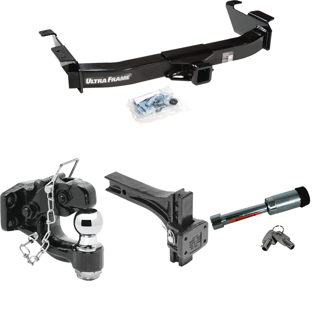 Fits 2000-2014 Ford E-150 Econoline Trailer Hitch Tow PKG w/ Adjustable Pintle Hook Mounting Plate + Pintle Hook & 2" Ball Combination + Hitch Lock By Draw-Tite