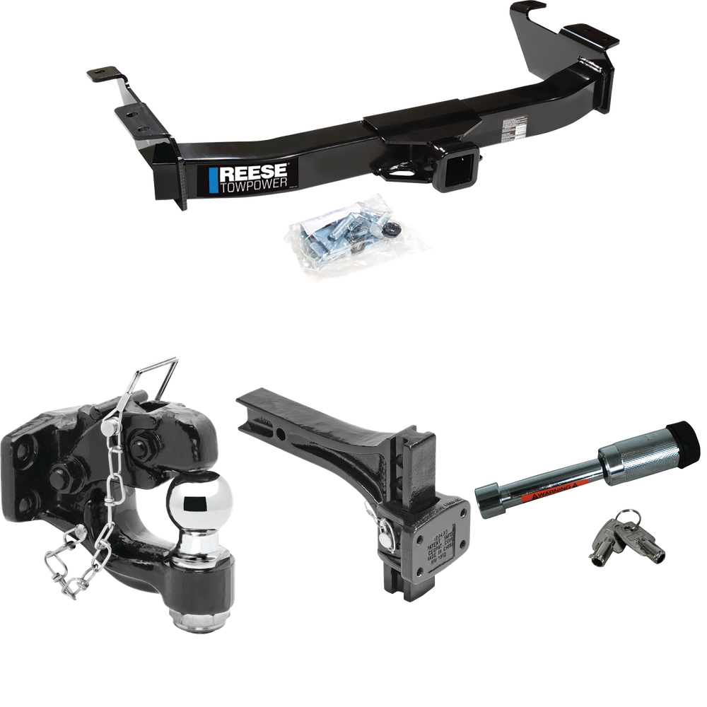 Fits 2009-2012 Ford E-350 Econoline Super Duty Trailer Hitch Tow PKG w/ Adjustable Pintle Hook Mounting Plate + Pintle Hook & 2" Ball Combination + Hitch Lock (For (Prepped Class II Tow Package) Models) By Reese Towpower