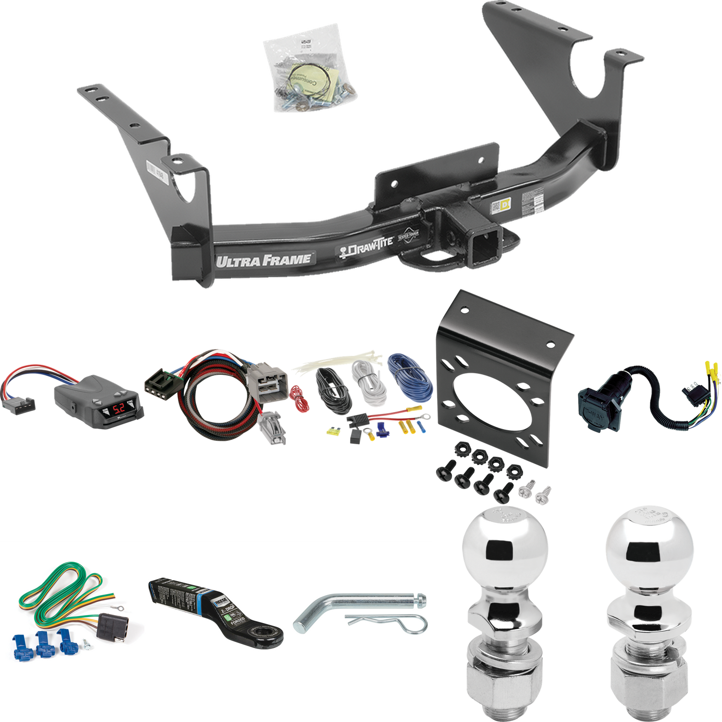 Fits 2013-2014 RAM 1500 Trailer Hitch Tow PKG w/ Tekonsha Brakeman IV Brake Control + Plug & Play BC Adapter + 7-Way RV Wiring + 2" & 2-5/16" Ball & Drop Mount By Draw-Tite