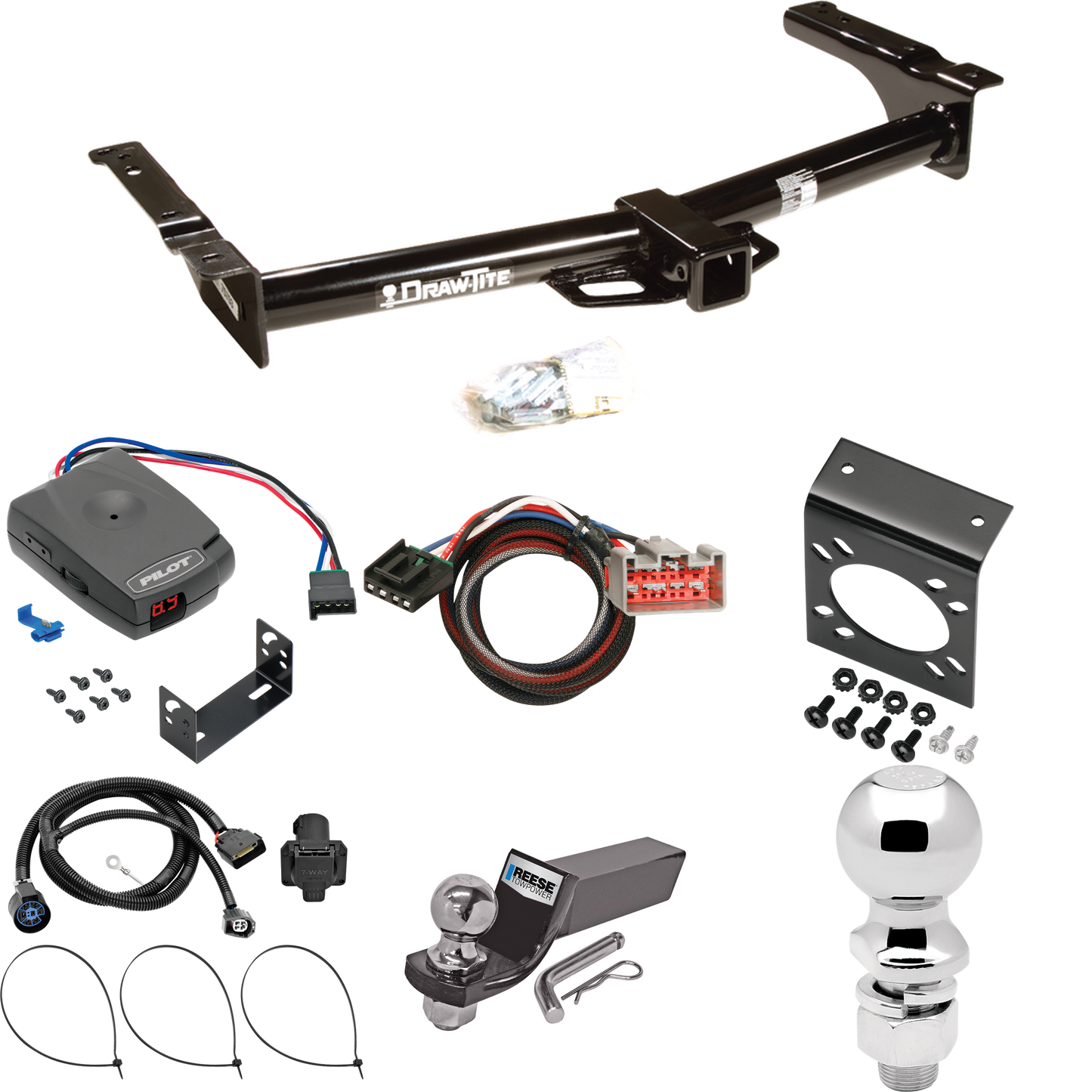 Fits 2009-2012 Ford E-150 Econoline Trailer Hitch Tow PKG w/ Pro Series Pilot Brake Control + Plug & Play BC Adapter + 7-Way RV Wiring + 2" & 2-5/16" Ball & Drop Mount (For (Prepped Class II Tow Package) Models) By Draw-Tite