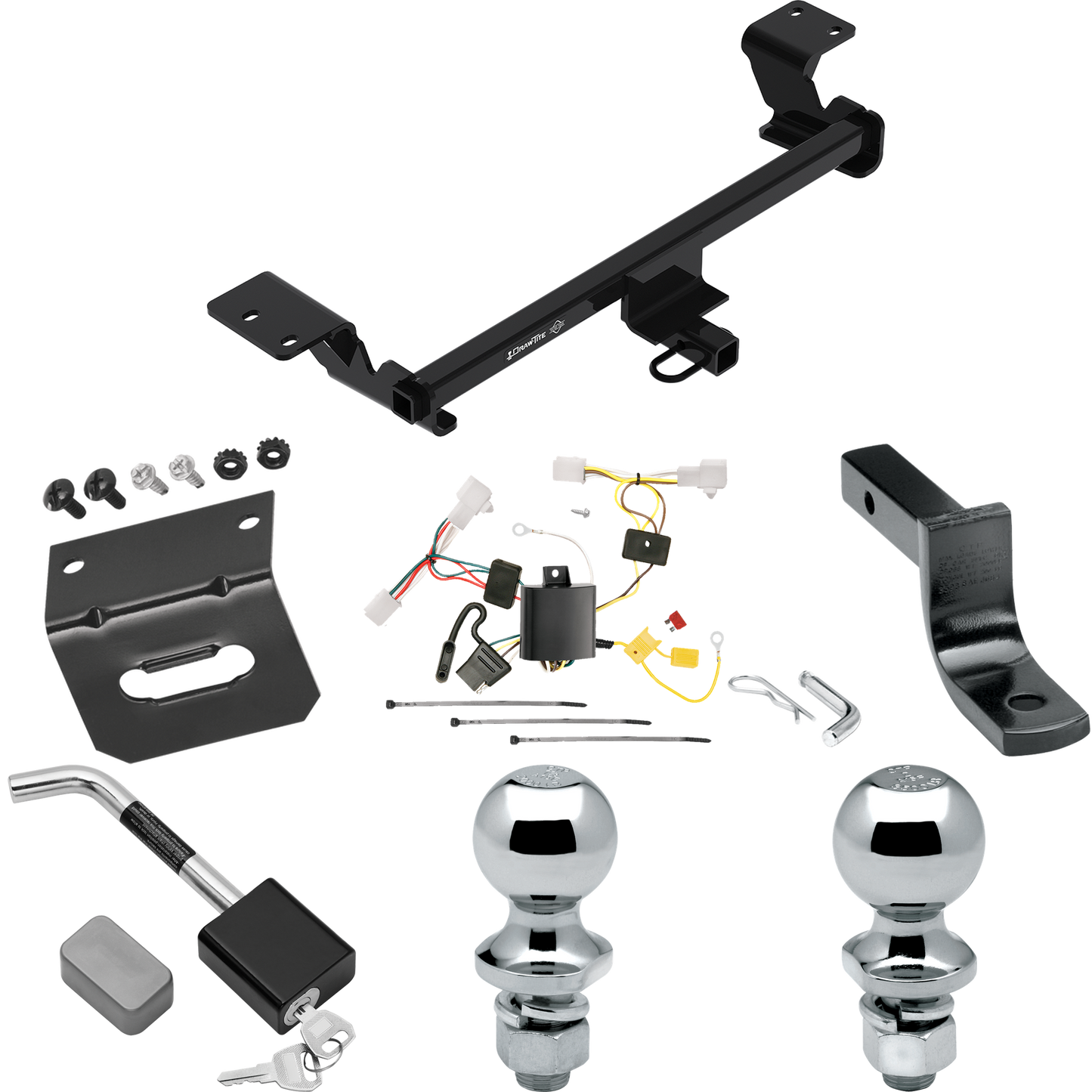 Se adapta al paquete de enganche de remolque enchufable Toyota Prius 2012-2015 con arnés de cableado de 4 planos + barra de tracción + bola de 1-7/8" + 2" + soporte de cableado + bloqueo de enganche de Draw-Tite