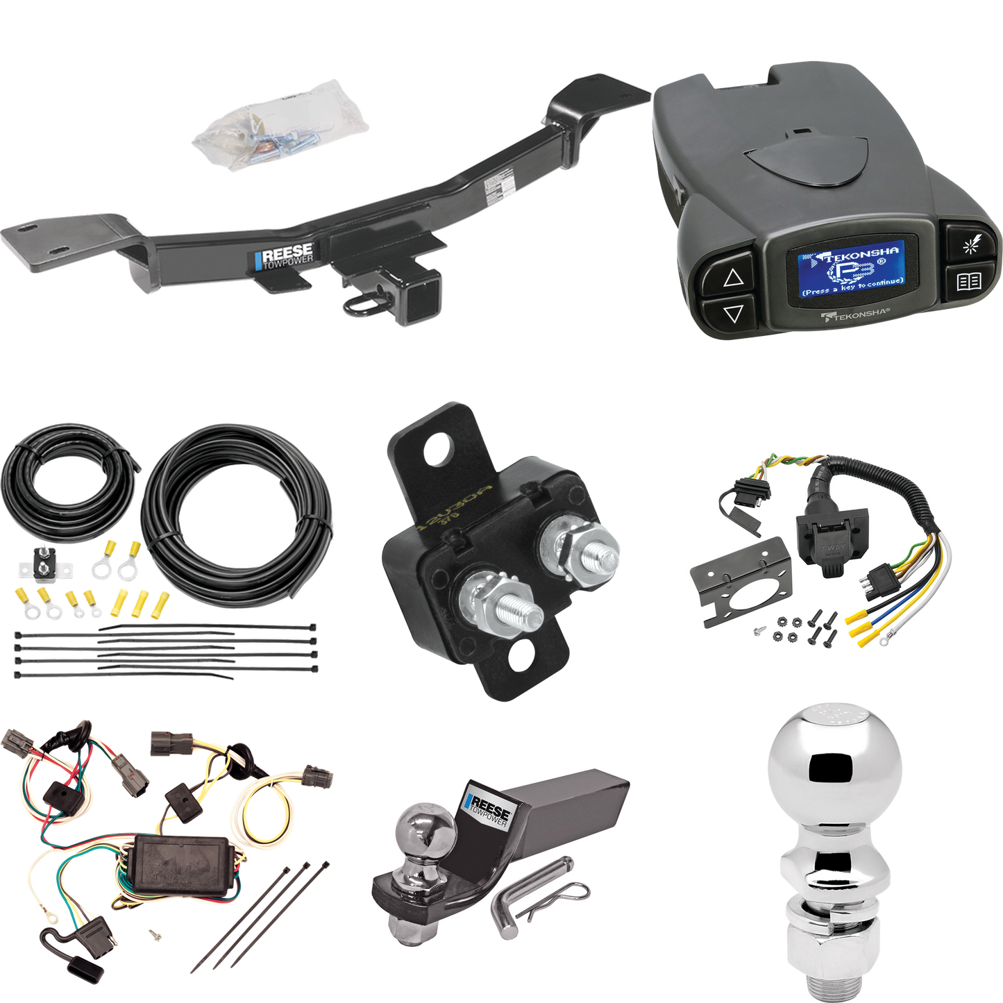 Se adapta al paquete de enganche de remolque Hyundai Tucson 2005-2009 con control de freno Tekonsha Prodigy P3 + cableado RV de 7 vías + soporte de bola y caída de 2" y 2-5/16" de Reese Towpower