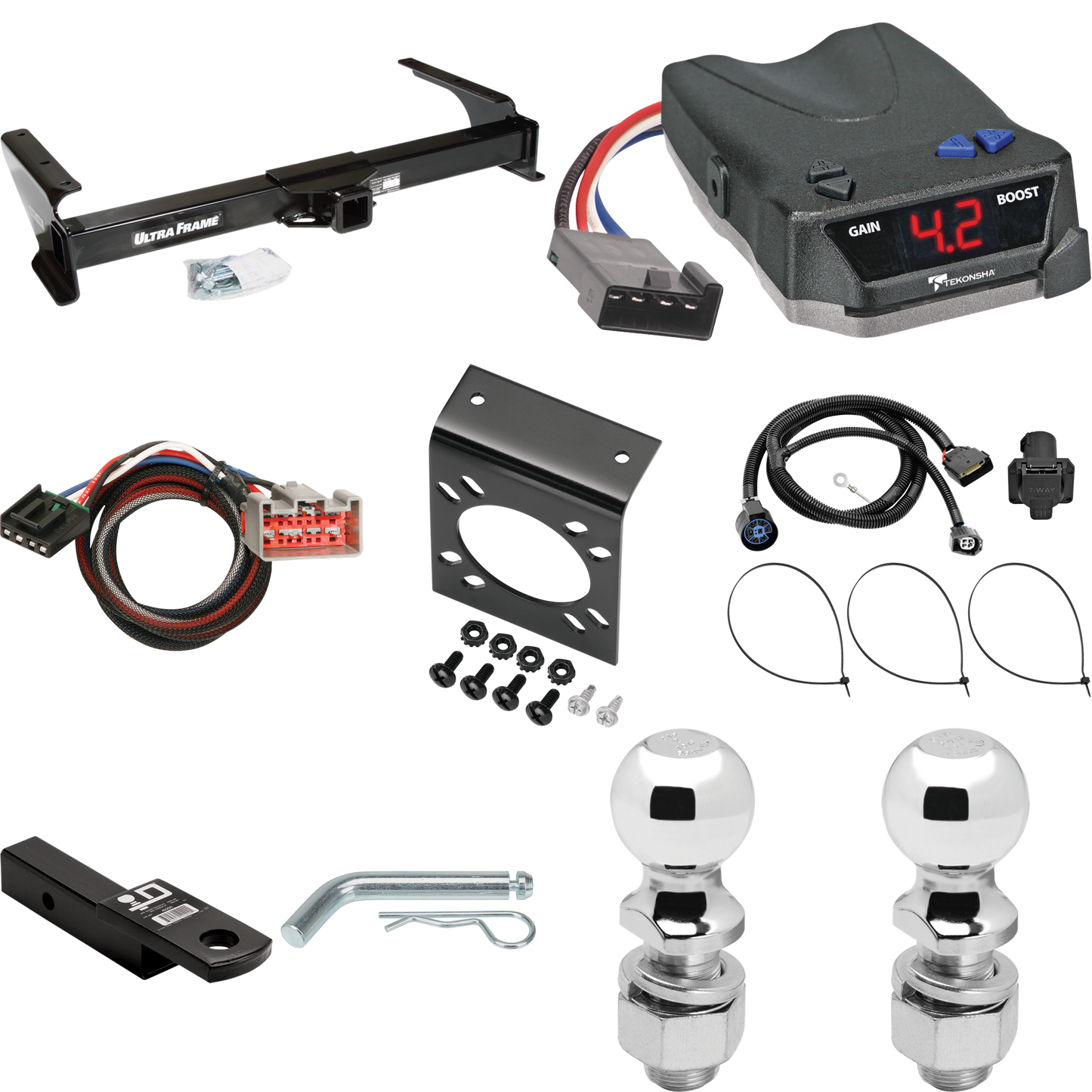 Fits 2009-2012 Ford E-150 Econoline Trailer Hitch Tow PKG w/ Tekonsha BRAKE-EVN Brake Control + Plug & Play BC Adapter + 7-Way RV Wiring + 2" & 2-5/16" Ball & Drop Mount (For (Prepped Class II Tow Package) Models) By Draw-Tite