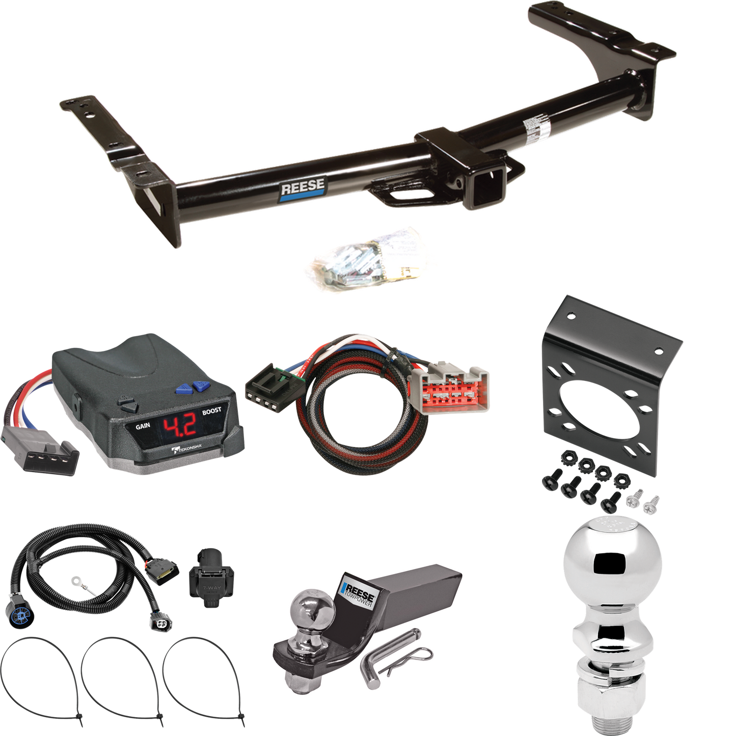 Fits 2009-2012 Ford E-150 Econoline Trailer Hitch Tow PKG w/ Tekonsha BRAKE-EVN Brake Control + Plug & Play BC Adapter + 7-Way RV Wiring + 2" & 2-5/16" Ball & Drop Mount (For (Prepped Class II Tow Package) Models) By Reese Towpower