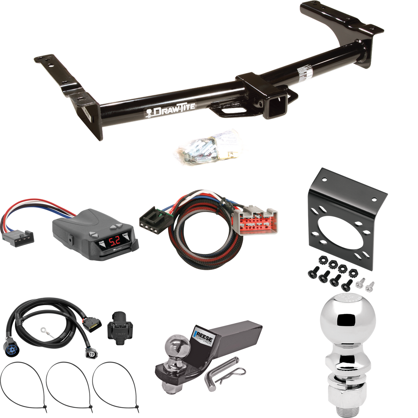 Fits 2009-2012 Ford E-250 Econoline Trailer Hitch Tow PKG w/ Tekonsha Brakeman IV Brake Control + Plug & Play BC Adapter + 7-Way RV Wiring + 2" & 2-5/16" Ball & Drop Mount (For (Prepped Class II Tow Package) Models) By Draw-Tite