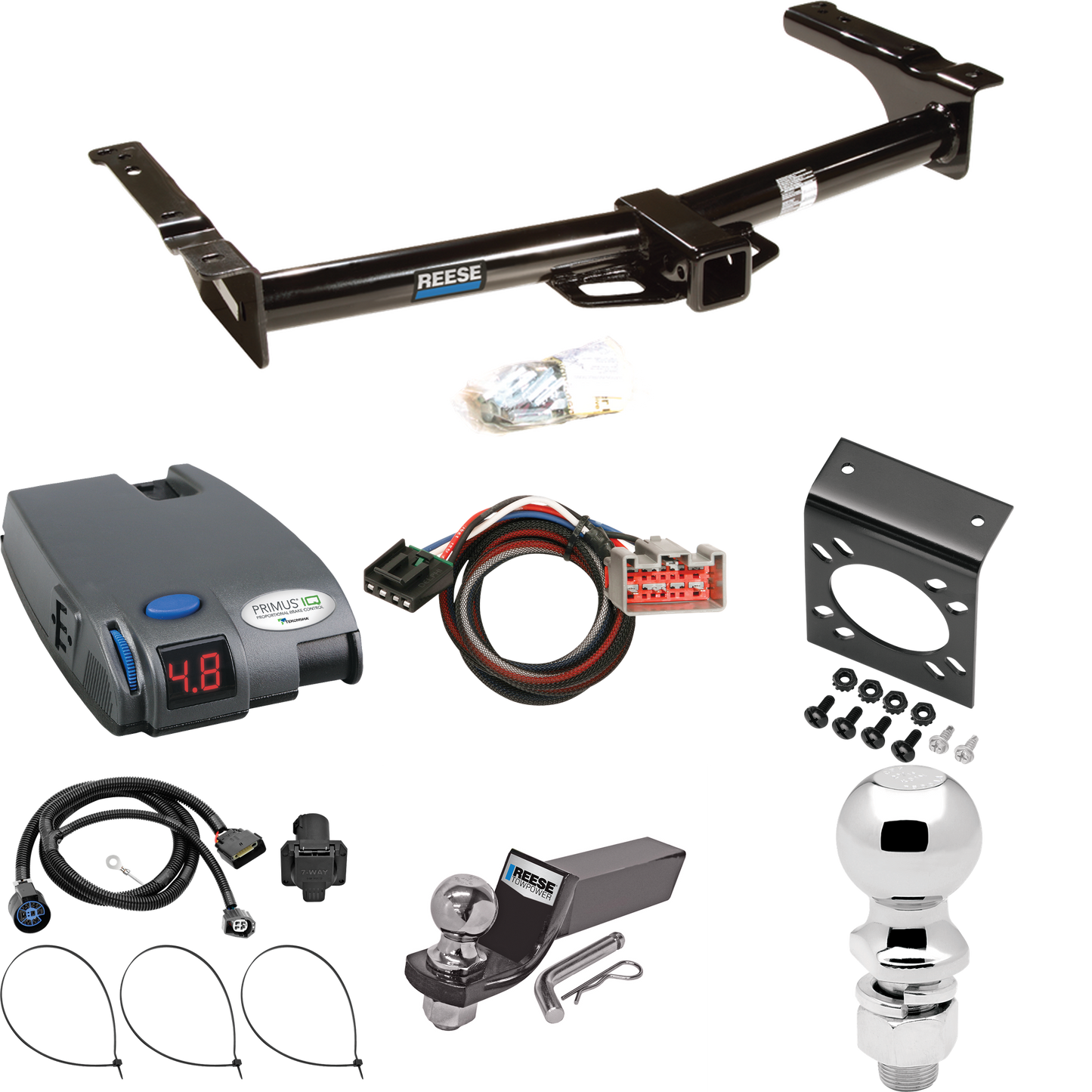 Fits 2009-2012 Ford E-350 Econoline Super Duty Trailer Hitch Tow PKG w/ Tekonsha Primus IQ Brake Control + Plug & Play BC Adapter + 7-Way RV Wiring + 2" & 2-5/16" Ball & Drop Mount (For (Prepped Class II Tow Package) Models) By Reese Towpower