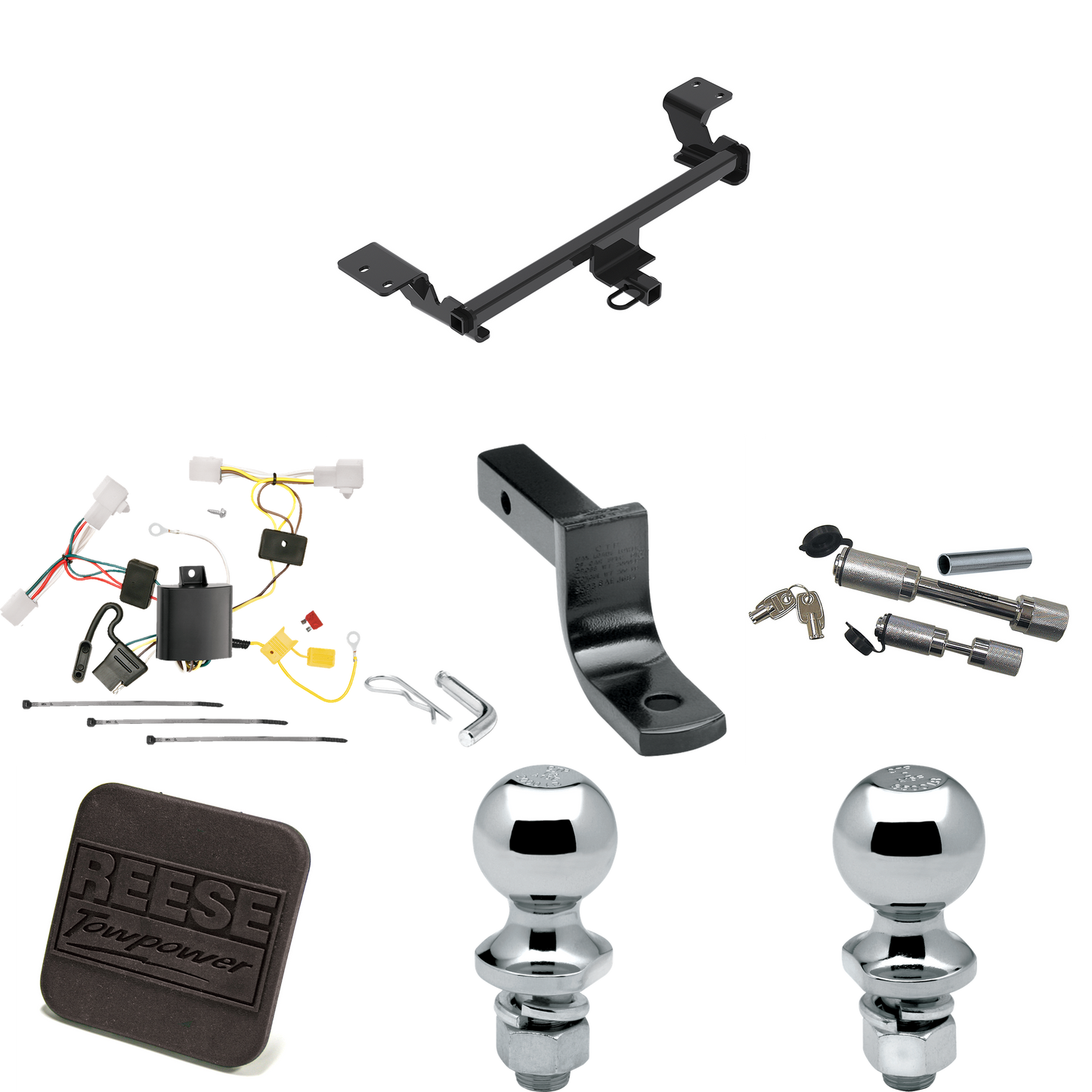 Fits 2010-2015 Toyota Prius Trailer Hitch Tow PKG w/ 4-Flat Wiring Harness + Draw-Bar + 1-7/8" + 2" Ball + Hitch Cover + Dual Hitch & Coupler Locks (Excludes: w/Plug-In Model Models) By Reese Towpower