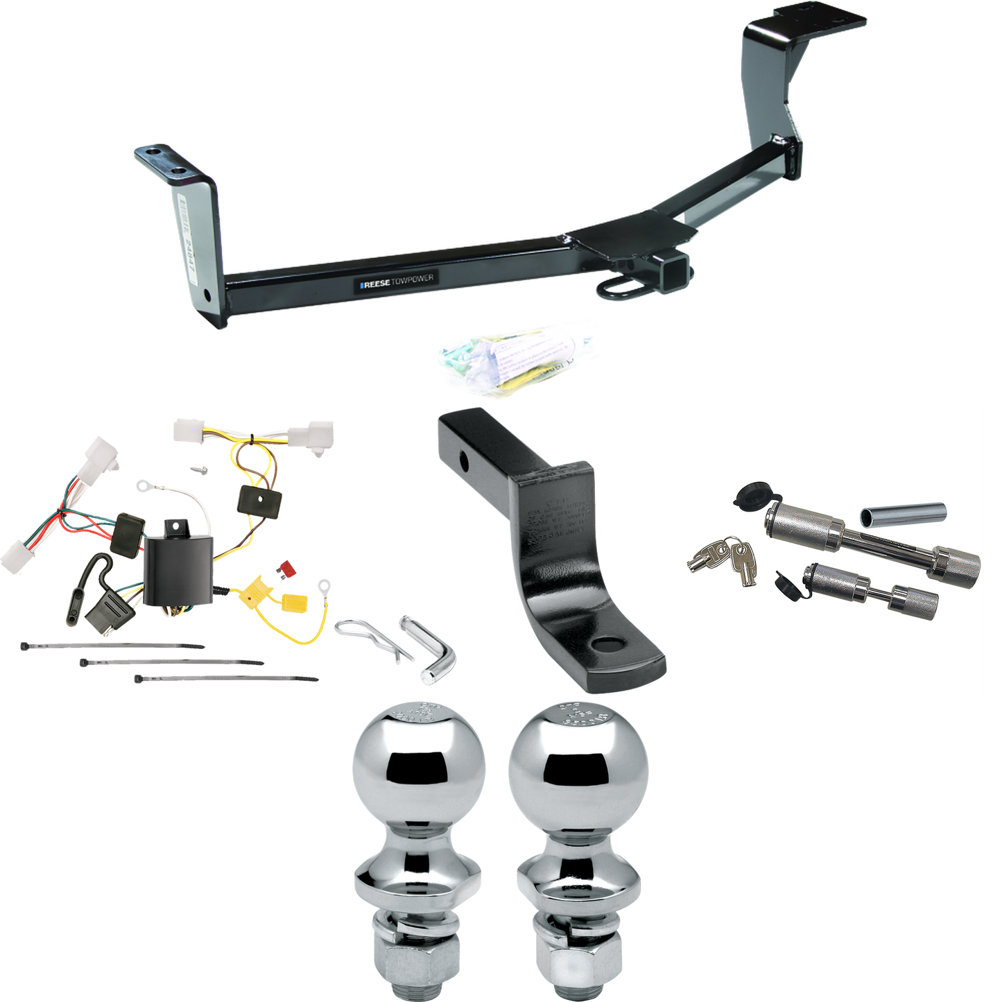 Se adapta al paquete de enganche de remolque Toyota Prius 2010-2023 con arnés de cableado de 4 planos + barra de tracción + bola de 1-7/8" + 2" + enganche doble y cerraduras de acoplador (excluye: con modelos enchufables) Reese Towpower