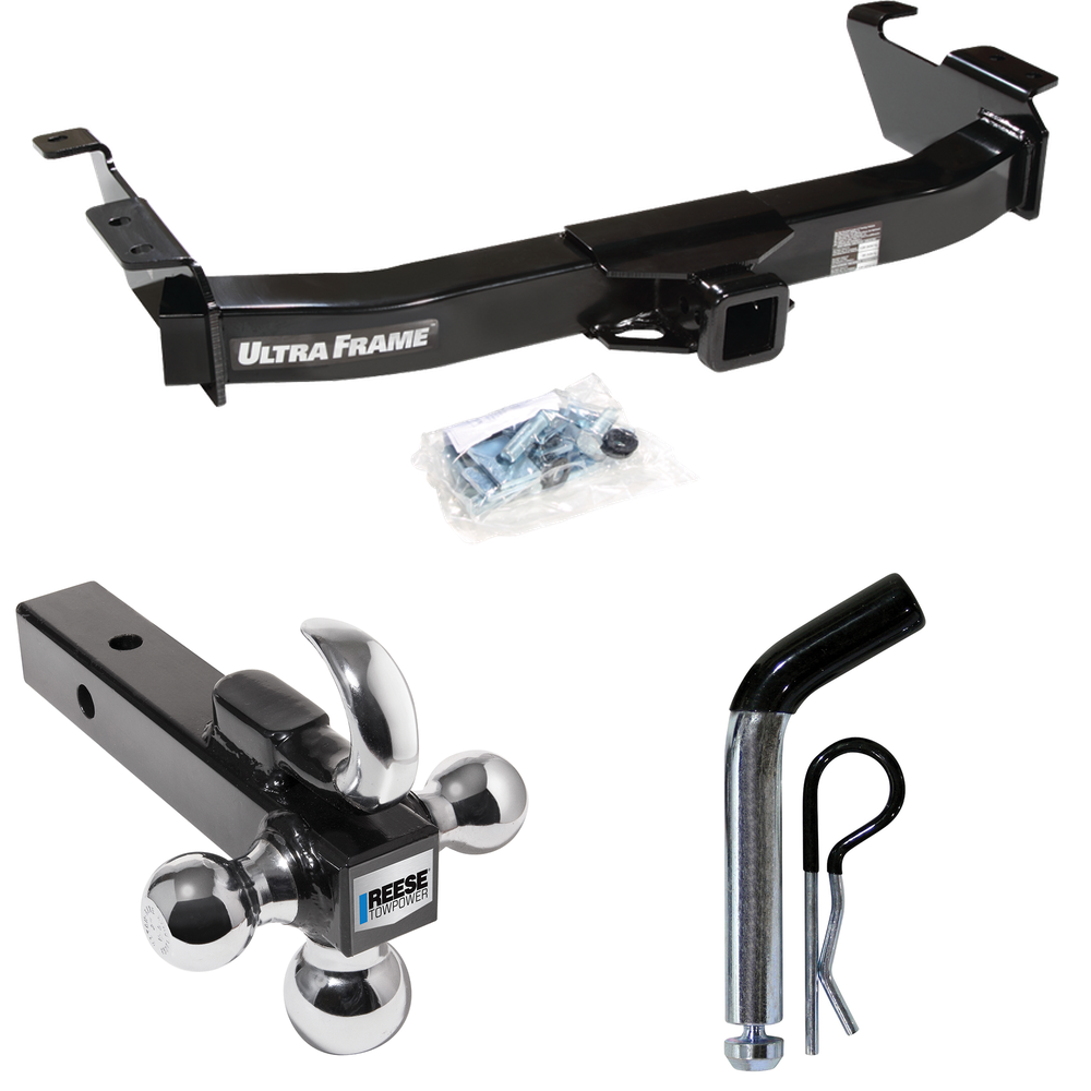 Fits 2009-2012 Ford E-350 Econoline Super Duty Trailer Hitch Tow PKG w/ Triple Ball Ball Mount 1-7/8" & 2" & 2-5/16" Trailer Balls w/ Tow Hook + Pin/Clip (For (Prepped Class II Tow Package) Models) By Draw-Tite