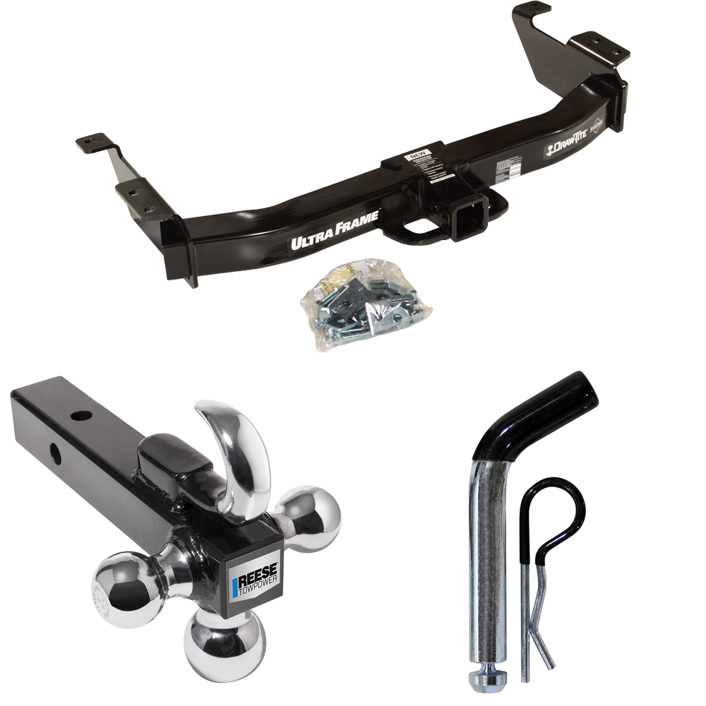 Fits 2009-2012 Ford E-250 Econoline Trailer Hitch Tow PKG w/ Triple Ball Ball Mount 1-7/8" & 2" & 2-5/16" Trailer Balls w/ Tow Hook + Pin/Clip (For (Prepped Class II Tow Package) Models) By Draw-Tite