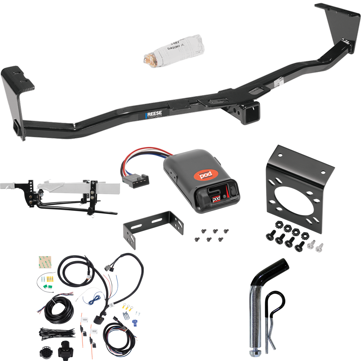 Fits 2007-2012 Hyundai Veracruz Trailer Hitch Tow PKG w/ 6K Round Bar Weight Distribution Hitch w/ 2-5/16" Ball + Pin/Clip + Pro Series POD Brake Control + 7-Way RV Wiring By Reese Towpower