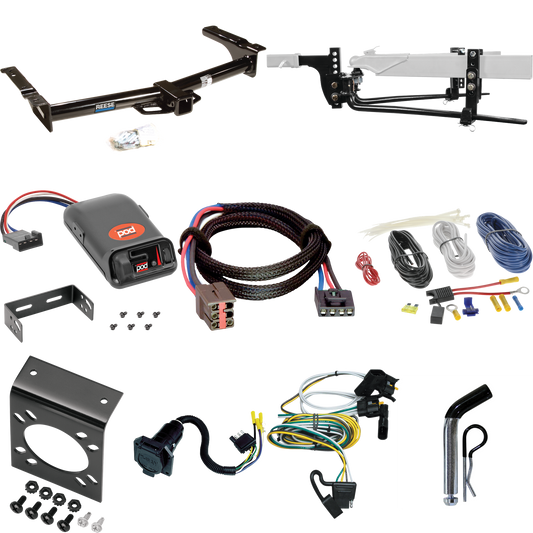 Fits 1995-2002 Ford E-150 Econoline Trailer Hitch Tow PKG w/ 11.5K Round Bar Weight Distribution Hitch w/ 2-5/16" Ball + Pin/Clip + Pro Series POD Brake Control + Plug & Play BC Adapter + 7-Way RV Wiring By Reese Towpower