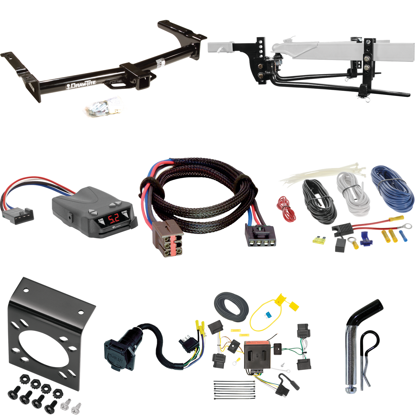 Fits 2008-2008 Ford E-250 Econoline Trailer Hitch Tow PKG w/ 11.5K Round Bar Weight Distribution Hitch w/ 2-5/16" Ball + Pin/Clip + Tekonsha Brakeman IV Brake Control + Plug & Play BC Adapter + 7-Way RV Wiring By Draw-Tite