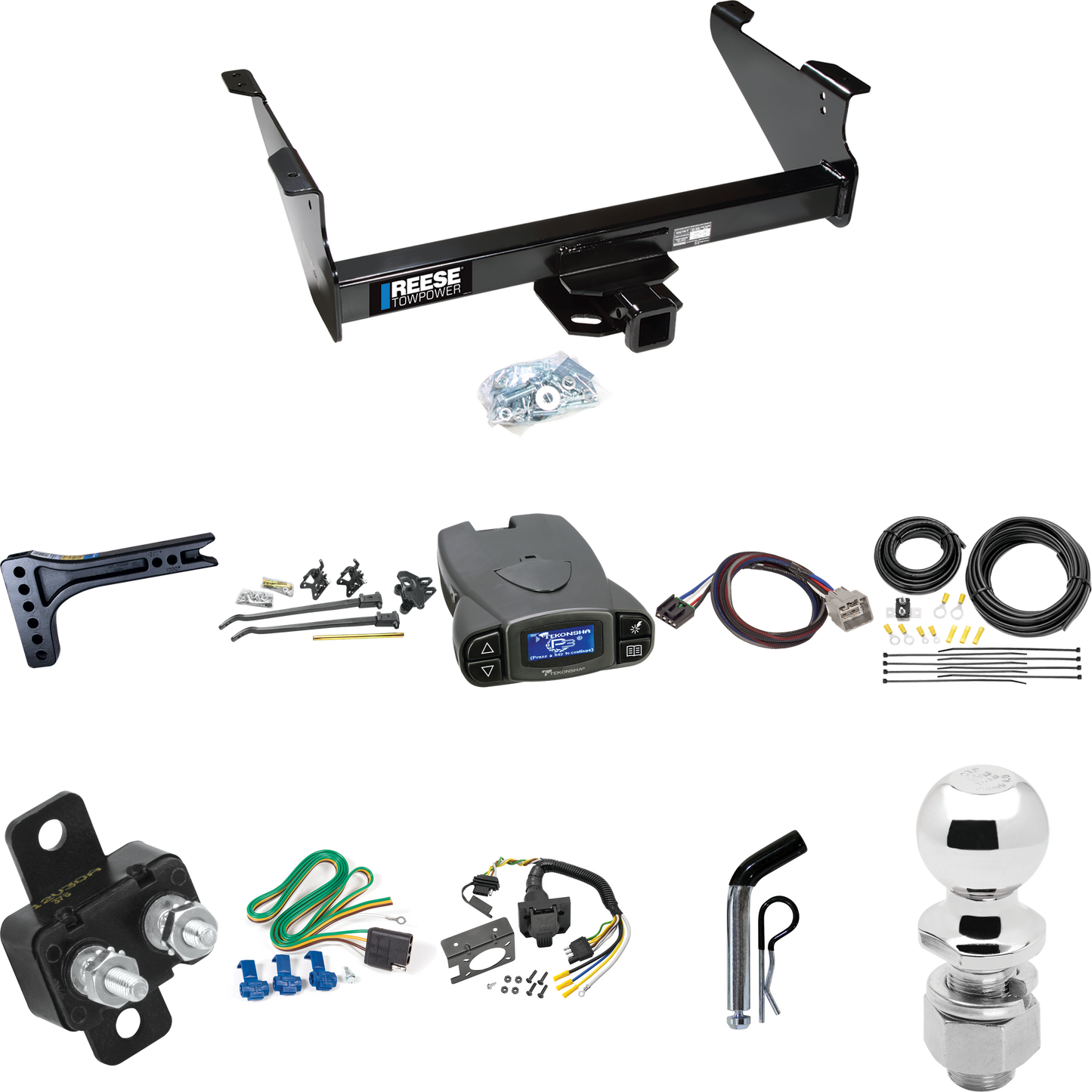 Fits 2015-2023 RAM 3500 Trailer Hitch Tow PKG w/ 15K Trunnion Bar Weight Distribution Hitch + Pin/Clip + 2-5/16" Ball + Tekonsha Prodigy P3 Brake Control + Plug & Play BC Adapter + 7-Way RV Wiring By Reese Towpower