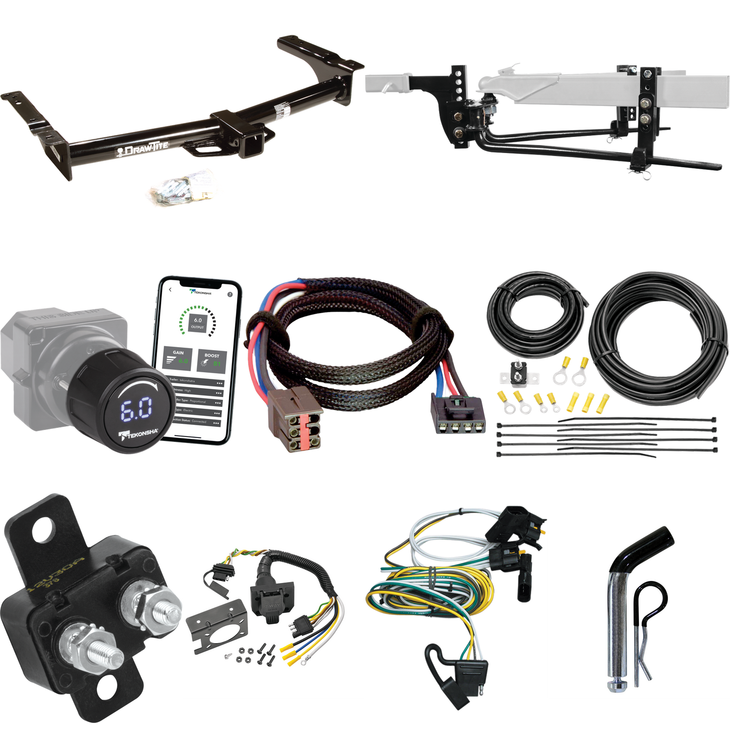 Fits 1995-2002 Ford E-150 Econoline Trailer Hitch Tow PKG w/ 11.5K Round Bar Weight Distribution Hitch w/ 2-5/16" Ball + Pin/Clip + Tekonsha Prodigy iD Bluetooth Wireless Brake Control + Plug & Play BC Adapter + 7-Way RV Wiring By Draw-Tite