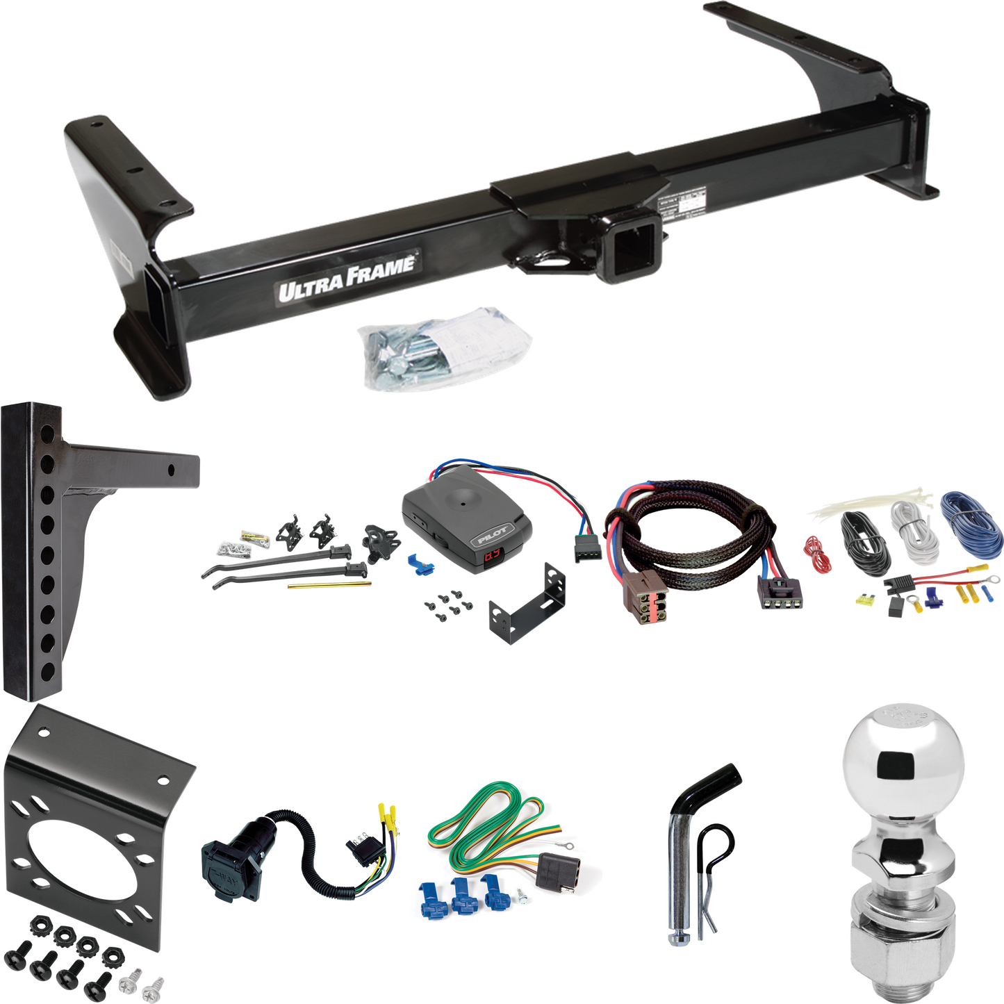 Fits 2003-2007 Ford E-350 Econoline Super Duty Trailer Hitch Tow PKG w/ 12K Trunnion Bar Weight Distribution Hitch + Pin/Clip + 2-5/16" Ball + Pro Series Pilot Brake Control + Plug & Play BC Adapter + 7-Way RV Wiring By Draw-Tite