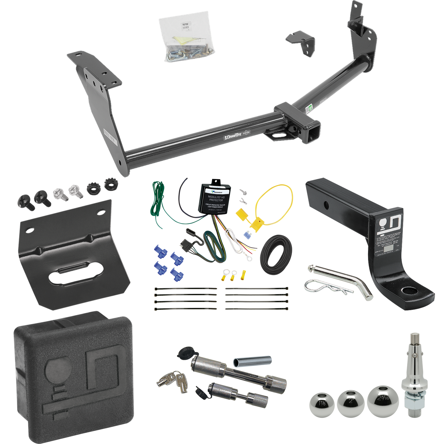 Fits 2009-2013 Infiniti FX50 Trailer Hitch Tow PKG w/ 4-Flat Wiring + Ball Mount w/ 4" Drop + Interchangeable Ball 1-7/8" & 2" & 2-5/16" + Wiring Bracket + Dual Hitch & Coupler Locks + Hitch Cover By Draw-Tite