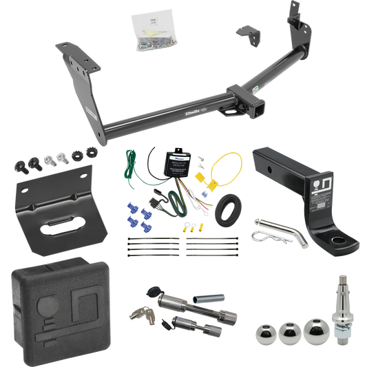 Fits 2009-2013 Infiniti FX50 Trailer Hitch Tow PKG w/ 4-Flat Wiring + Ball Mount w/ 4" Drop + Interchangeable Ball 1-7/8" & 2" & 2-5/16" + Wiring Bracket + Dual Hitch & Coupler Locks + Hitch Cover By Draw-Tite