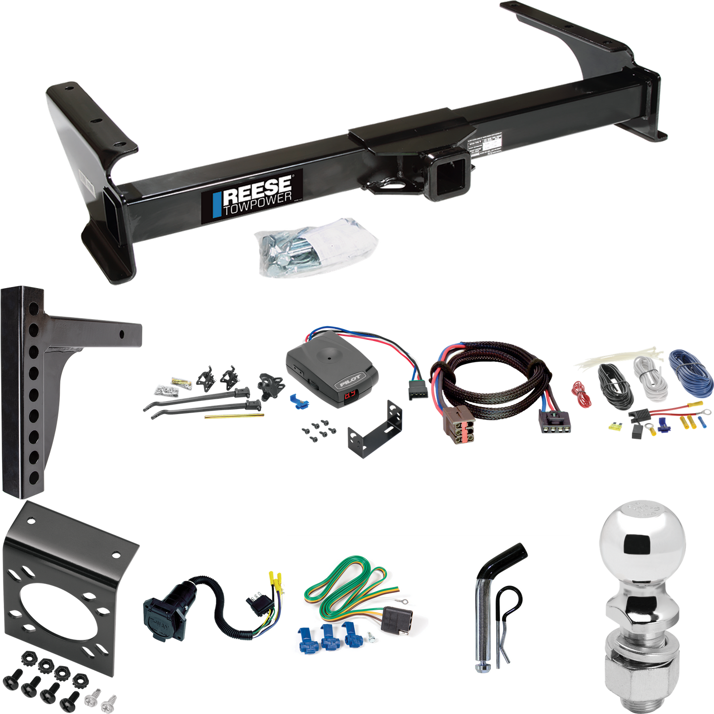 Fits 2003-2007 Ford E-250 Econoline Trailer Hitch Tow PKG w/ 12K Trunnion Bar Weight Distribution Hitch + Pin/Clip + 2-5/16" Ball + Pro Series Pilot Brake Control + Plug & Play BC Adapter + 7-Way RV Wiring By Reese Towpower
