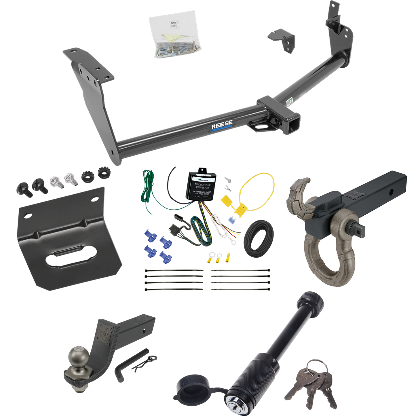 Fits 2009-2012 Infiniti FX35 Trailer Hitch Tow PKG w/ 4-Flat Wiring + Interlock Tactical Starter Kit w/ 3-1/4" Drop & 2" Ball + Tactical Hook & Shackle Mount + Tactical Dogbone Lock + Wiring Bracket By Reese Towpower