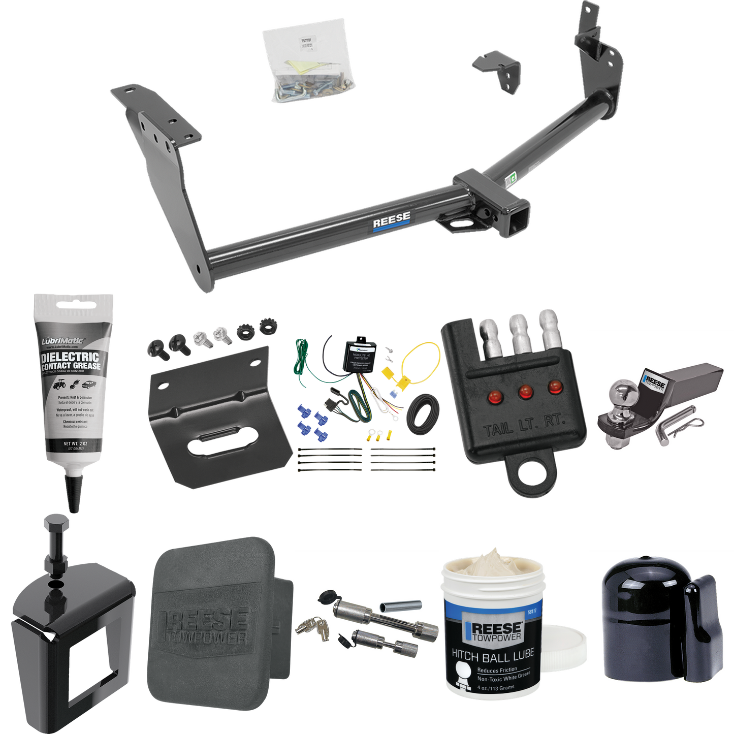 Fits 2009-2013 Infiniti FX50 Trailer Hitch Tow PKG w/ 4-Flat Wiring + Starter Kit Ball Mount w/ 2" Drop & 2" Ball + 1-7/8" Ball + Wiring Bracket + Dual Hitch & Coupler Locks + Hitch Cover + Wiring Tester + Ball Lube + Electric Grease + Ball Wrench +