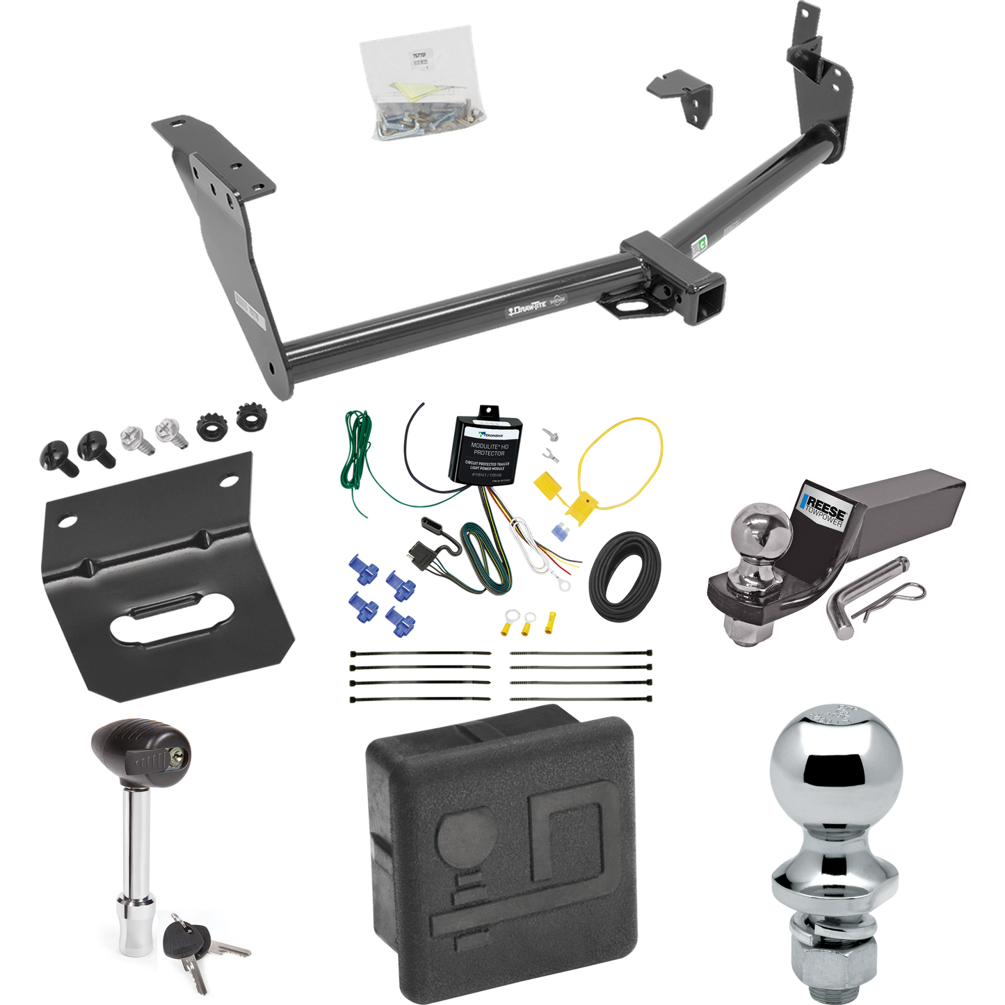 Fits 2009-2012 Infiniti FX35 Trailer Hitch Tow PKG w/ 4-Flat Wiring + Starter Kit Ball Mount w/ 2" Drop & 2" Ball + 1-7/8" Ball + Wiring Bracket + Hitch Lock + Hitch Cover By Draw-Tite