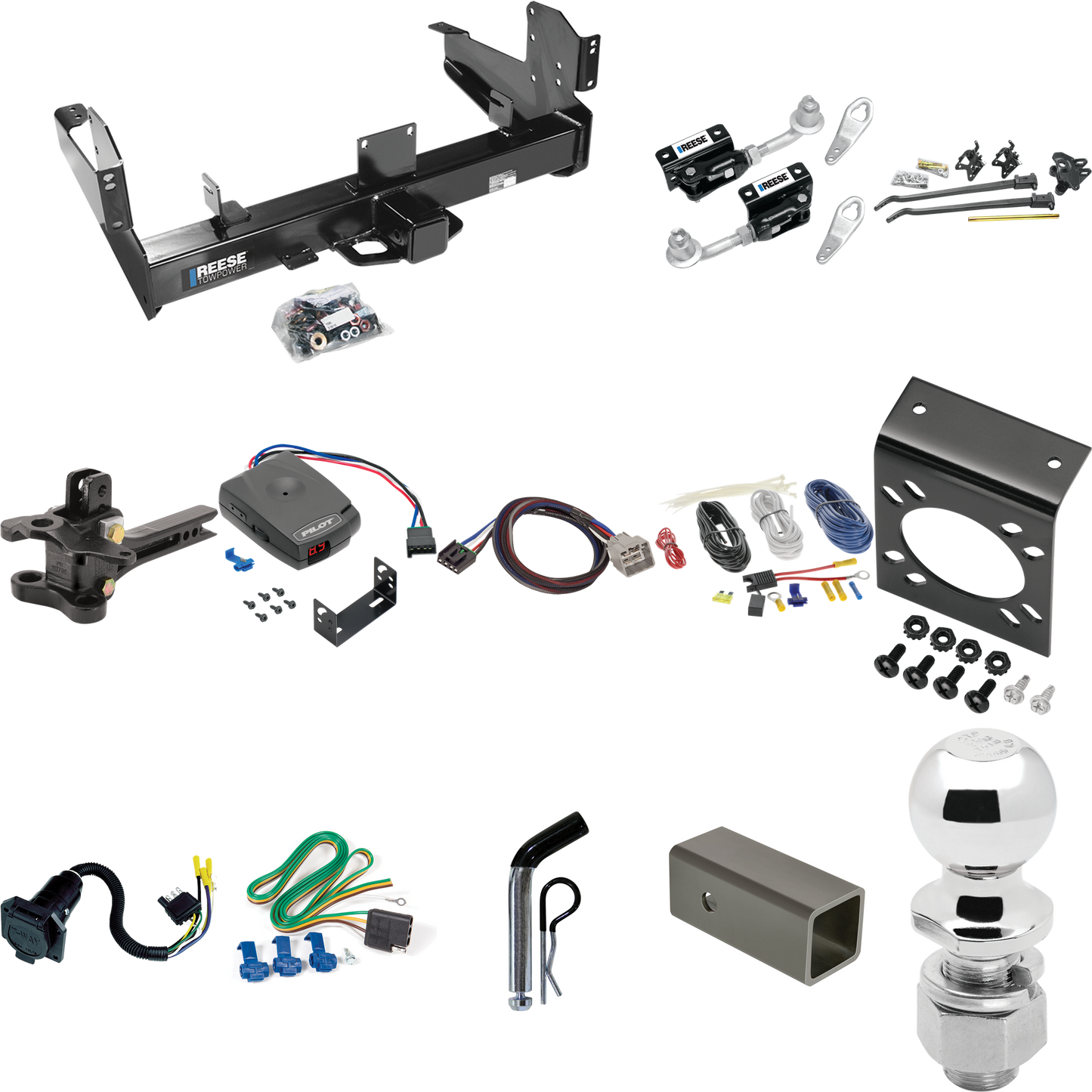 Fits 2015-2023 RAM 2500 Trailer Hitch Tow PKG w/ 17K Trunnion Bar Weight Distribution Hitch + Pin/Clip + Dual Cam Sway Control + 2-5/16" Ball + Pro Series Pilot Brake Control + Plug & Play BC Adapter + 7-Way RV Wiring By Reese Towpower