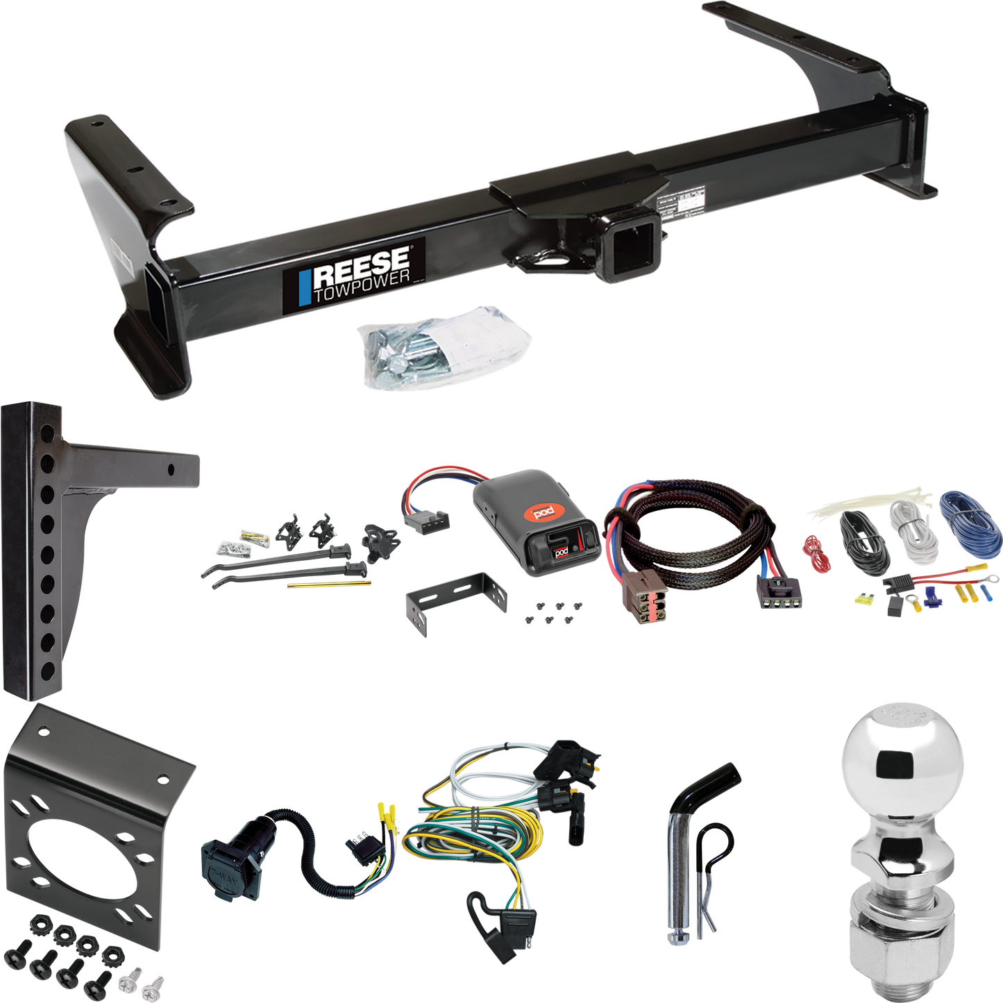 Fits 1995-2002 Ford E-250 Econoline Trailer Hitch Tow PKG w/ 12K Trunnion Bar Weight Distribution Hitch + Pin/Clip + 2-5/16" Ball + Pro Series POD Brake Control + Plug & Play BC Adapter + 7-Way RV Wiring By Reese Towpower