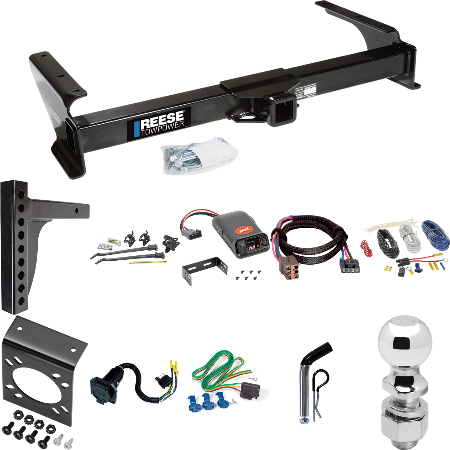 Fits 2003-2007 Ford E-250 Econoline Trailer Hitch Tow PKG w/ 12K Trunnion Bar Weight Distribution Hitch + Pin/Clip + 2-5/16" Ball + Pro Series POD Brake Control + Plug & Play BC Adapter + 7-Way RV Wiring By Reese Towpower