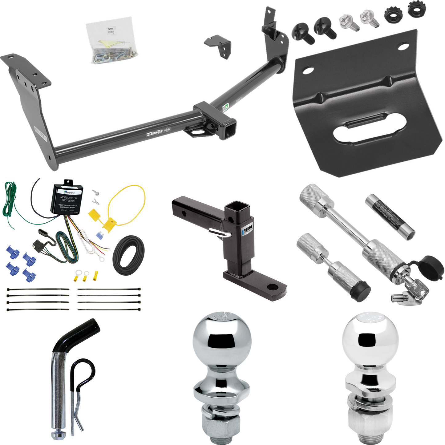 Se adapta al paquete de remolque con enganche para remolque Infiniti FX35 2009-2012 con arnés de cableado plano de 4 + soporte de bola ajustable + pasador/clip + bola de 2" + bola de 1-7/8" + enganche doble y cerraduras de acoplador de Draw-Tite