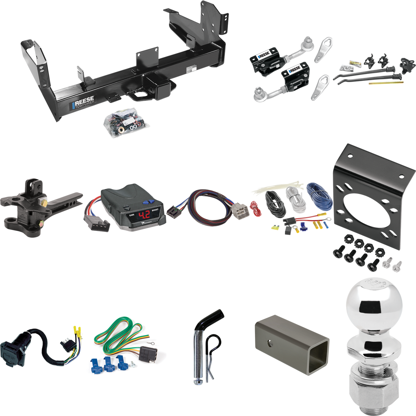 Fits 2015-2023 RAM 3500 Trailer Hitch Tow PKG w/ 17K Trunnion Bar Weight Distribution Hitch + Pin/Clip + Dual Cam Sway Control + 2-5/16" Ball + Tekonsha BRAKE-EVN Brake Control + Plug & Play BC Adapter + 7-Way RV Wiring By Reese Towpower