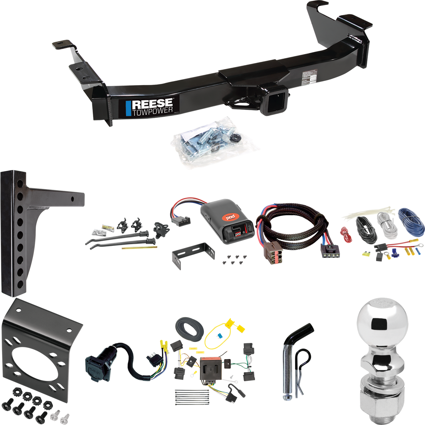 Fits 2008-2008 Ford E-350 Econoline Super Duty Trailer Hitch Tow PKG w/ 12K Trunnion Bar Weight Distribution Hitch + Pin/Clip + 2-5/16" Ball + Pro Series POD Brake Control + Plug & Play BC Adapter + 7-Way RV Wiring By Reese Towpower