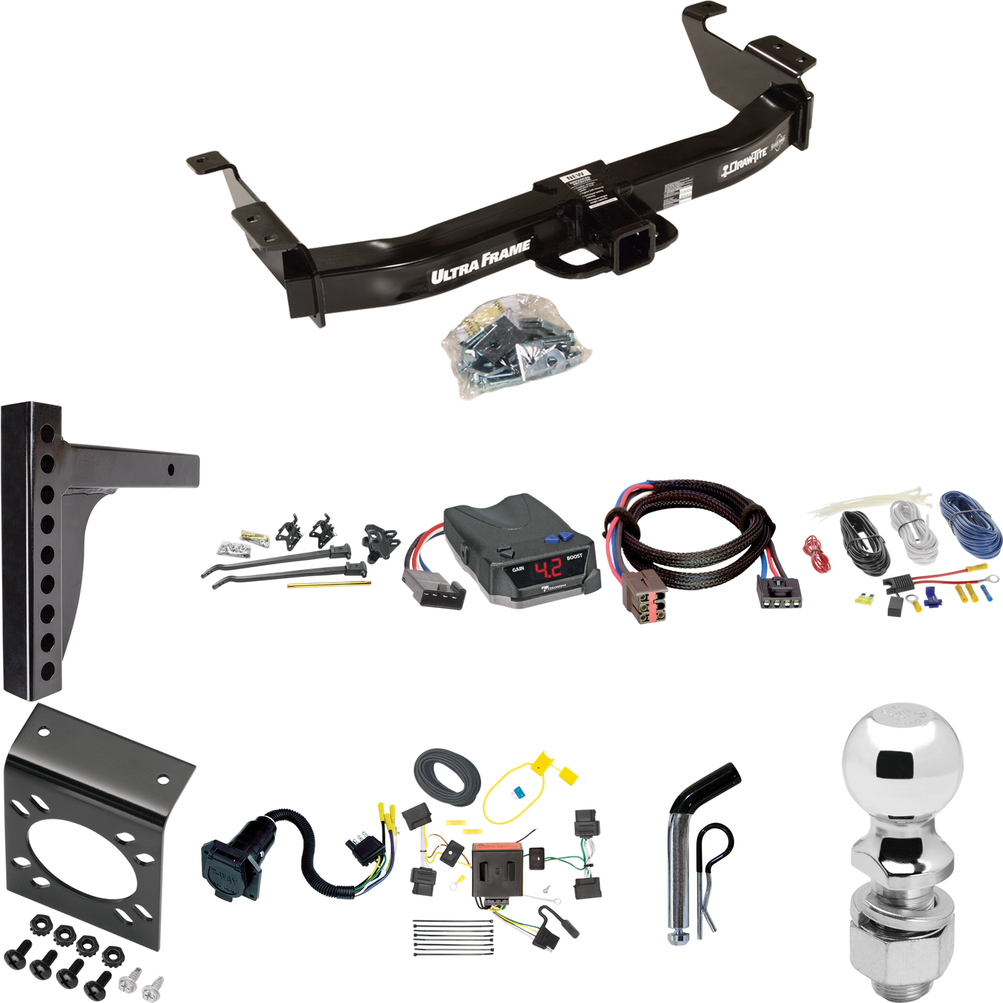 Fits 2008-2008 Ford E-150 Econoline Trailer Hitch Tow PKG w/ 12K Trunnion Bar Weight Distribution Hitch + Pin/Clip + 2-5/16" Ball + Tekonsha BRAKE-EVN Brake Control + Plug & Play BC Adapter + 7-Way RV Wiring By Draw-Tite