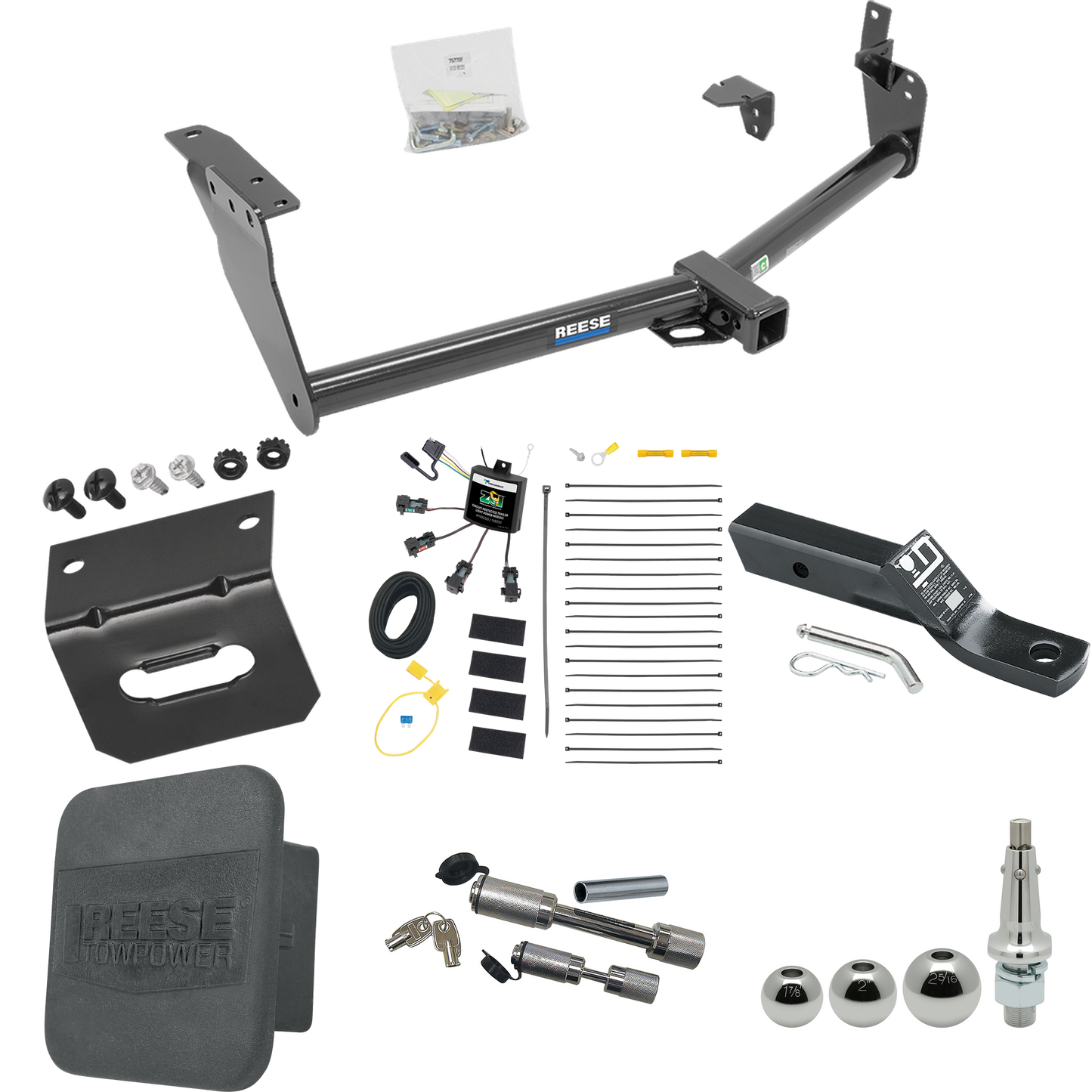 Fits 2009-2013 Infiniti FX50 Trailer Hitch Tow PKG w/ 4-Flat Zero Contact "No Splice" Wiring + Ball Mount w/ 2" Drop + Interchangeable Ball 1-7/8" & 2" & 2-5/16" + Wiring Bracket + Dual Hitch & Coupler Locks + Hitch Cover By Reese Towpower