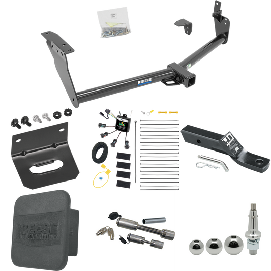 Fits 2009-2013 Infiniti FX50 Trailer Hitch Tow PKG w/ 4-Flat Zero Contact "No Splice" Wiring + Ball Mount w/ 2" Drop + Interchangeable Ball 1-7/8" & 2" & 2-5/16" + Wiring Bracket + Dual Hitch & Coupler Locks + Hitch Cover By Reese Towpower