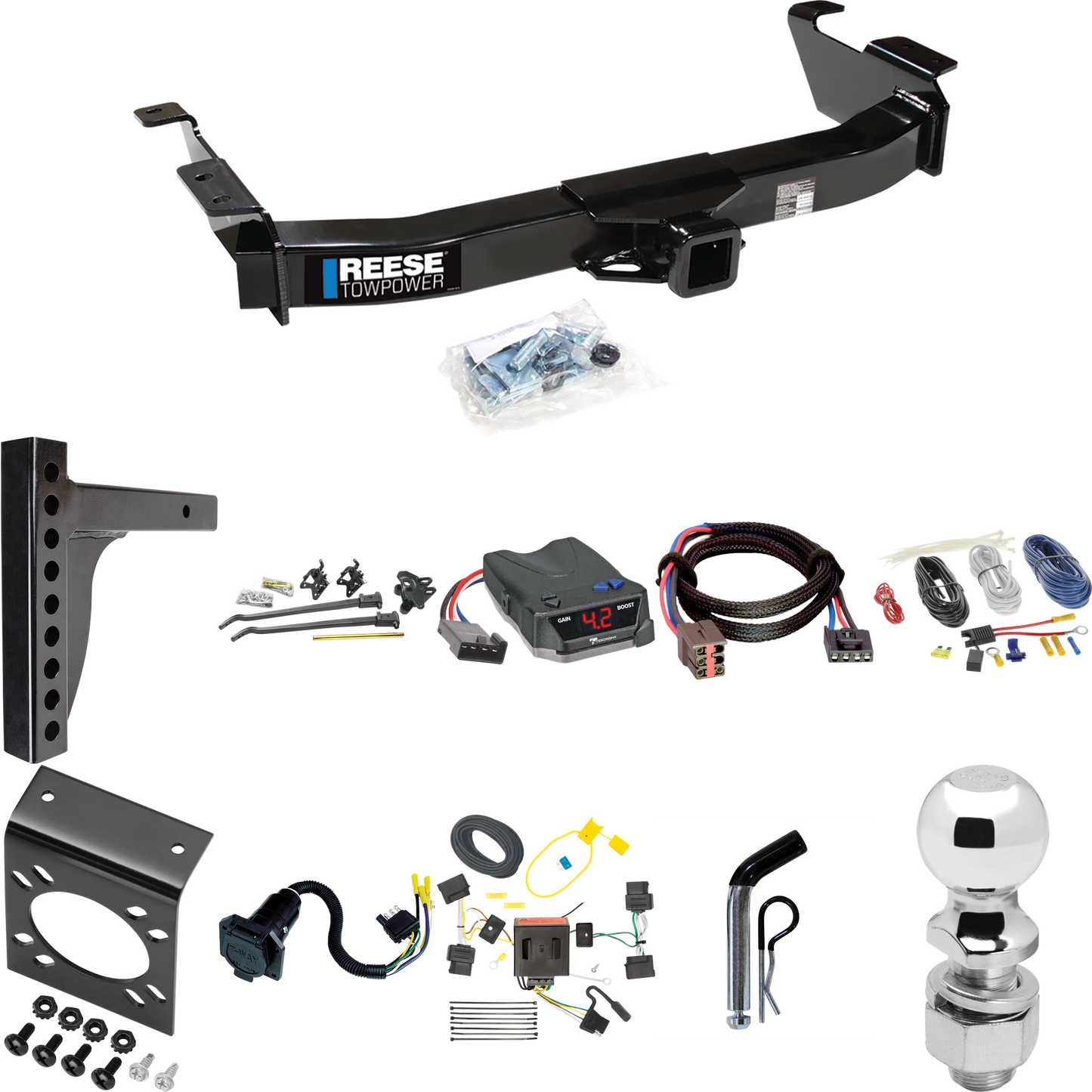 Fits 2008-2008 Ford E-350 Econoline Super Duty Trailer Hitch Tow PKG w/ 12K Trunnion Bar Weight Distribution Hitch + Pin/Clip + 2-5/16" Ball + Tekonsha BRAKE-EVN Brake Control + Plug & Play BC Adapter + 7-Way RV Wiring By Reese Towpower