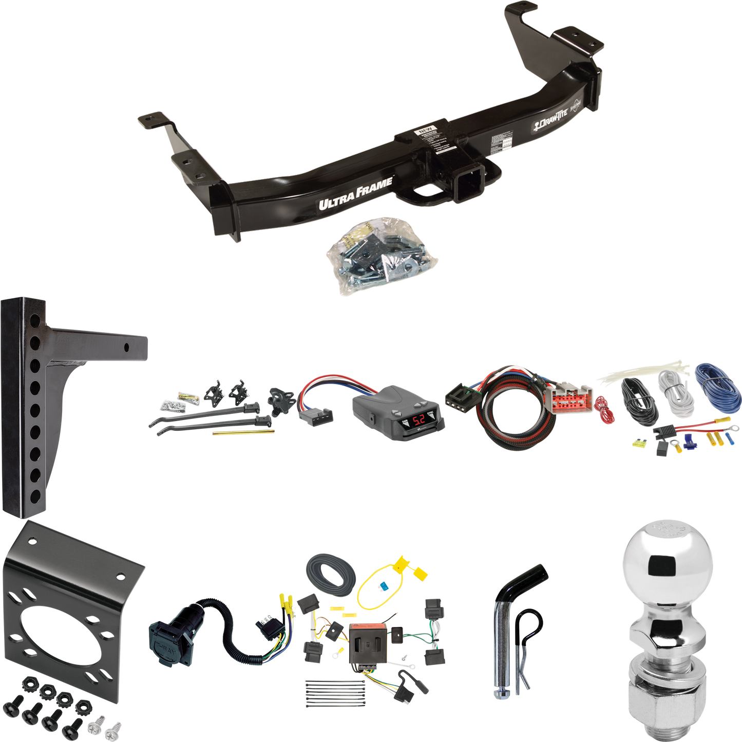 Fits 2009-2014 Ford E-350 Econoline Super Duty Trailer Hitch Tow PKG w/ 12K Trunnion Bar Weight Distribution Hitch + Pin/Clip + 2-5/16" Ball + Tekonsha Brakeman IV Brake Control + Plug & Play BC Adapter + 7-Way RV Wiring By Draw-Tite