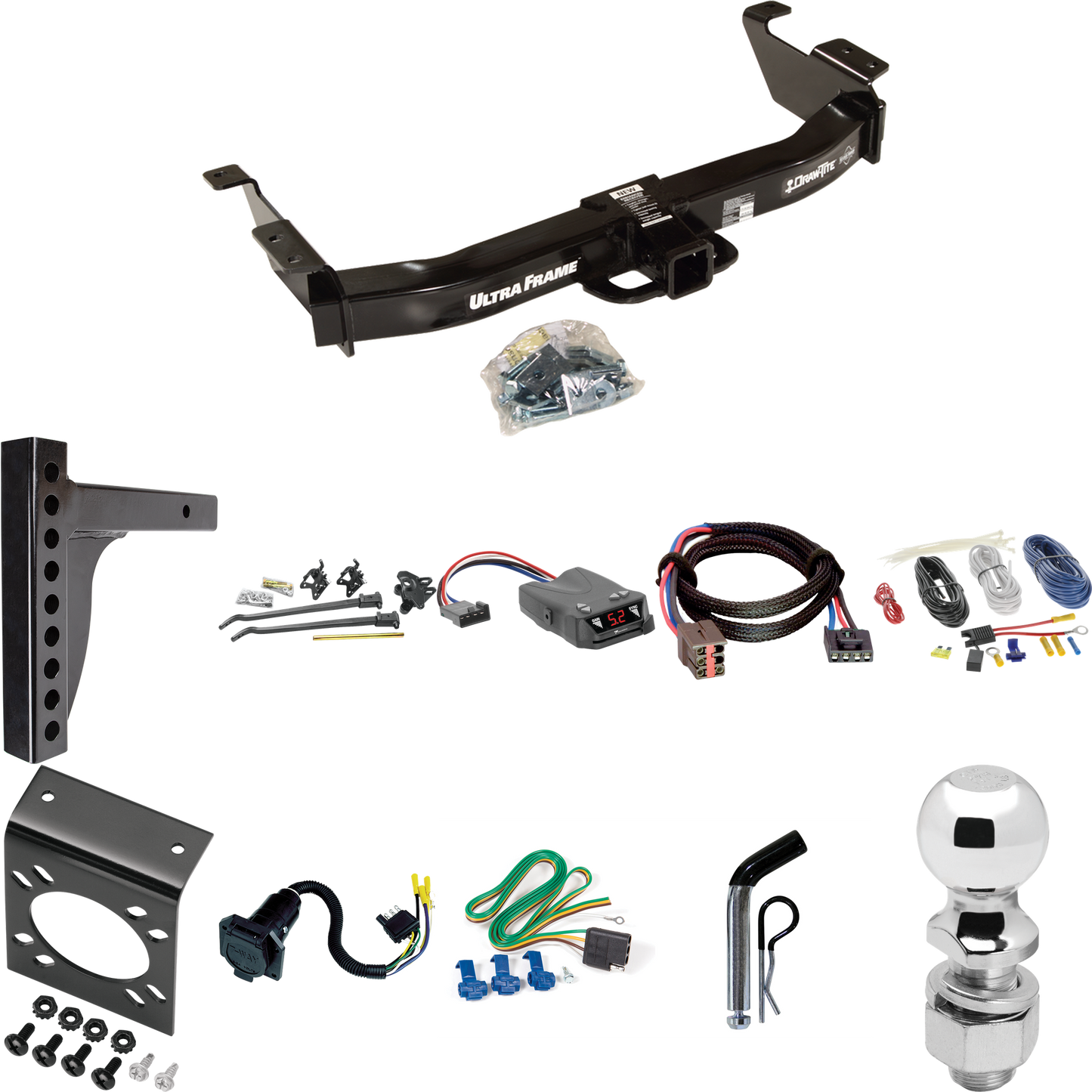 Fits 2003-2007 Ford E-350 Econoline Super Duty Trailer Hitch Tow PKG w/ 12K Trunnion Bar Weight Distribution Hitch + Pin/Clip + 2-5/16" Ball + Tekonsha Brakeman IV Brake Control + Plug & Play BC Adapter + 7-Way RV Wiring By Draw-Tite