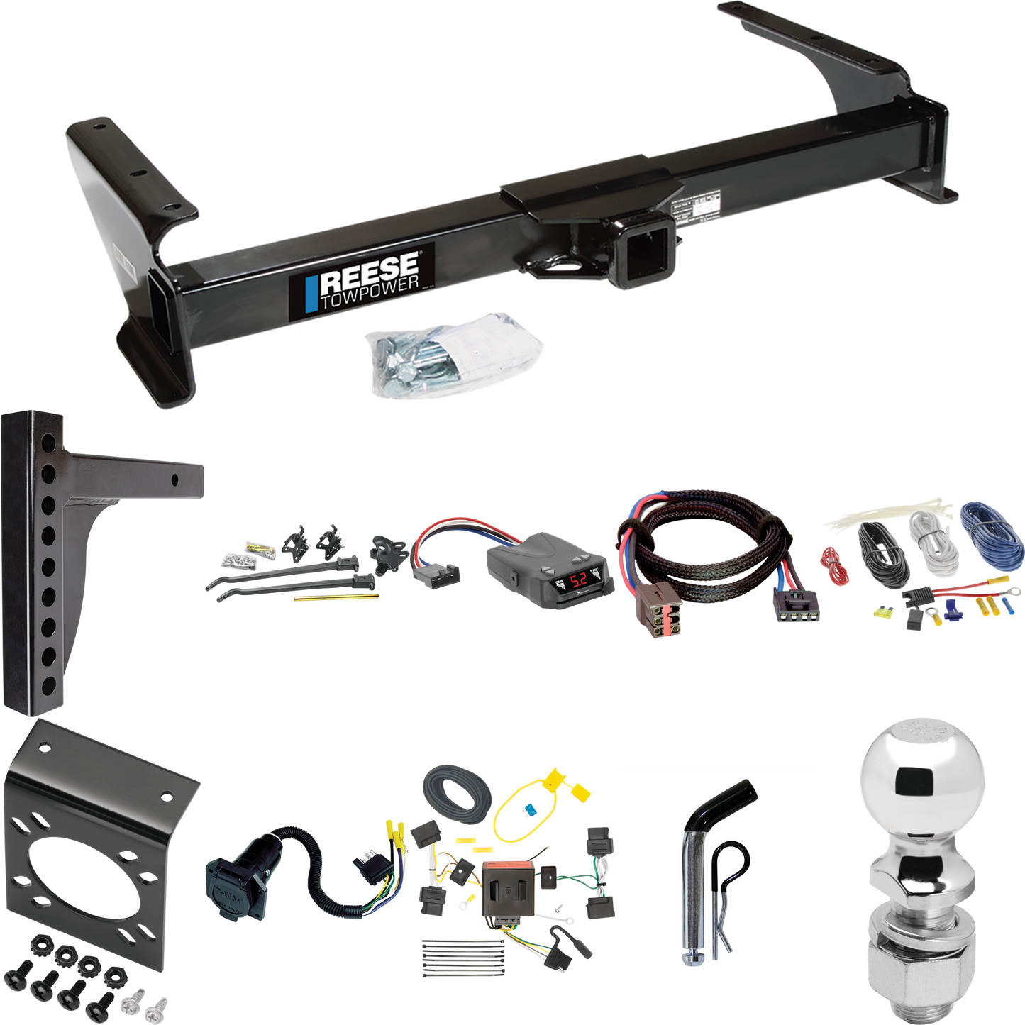 Fits 2008-2008 Ford E-350 Econoline Super Duty Trailer Hitch Tow PKG w/ 12K Trunnion Bar Weight Distribution Hitch + Pin/Clip + 2-5/16" Ball + Tekonsha Brakeman IV Brake Control + Plug & Play BC Adapter + 7-Way RV Wiring By Reese Towpower