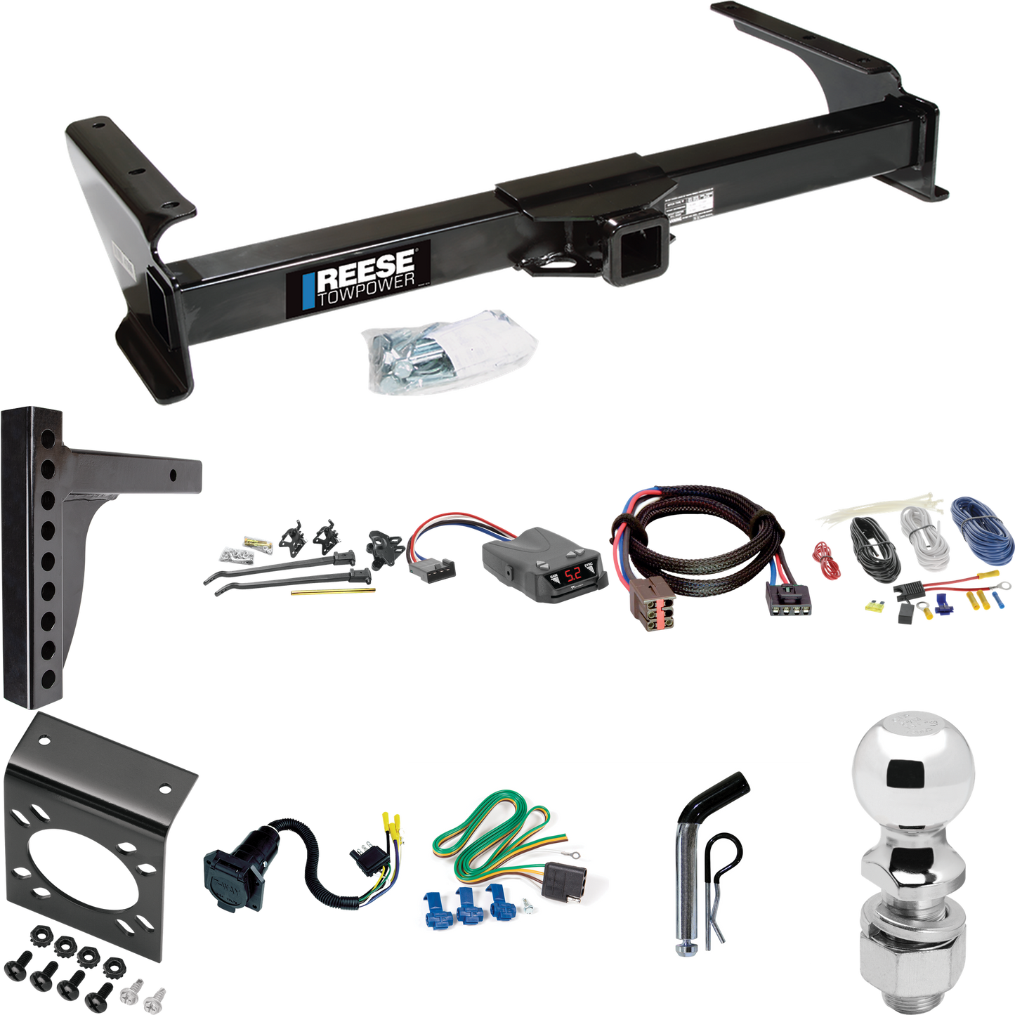 Fits 2003-2007 Ford E-250 Econoline Trailer Hitch Tow PKG w/ 12K Trunnion Bar Weight Distribution Hitch + Pin/Clip + 2-5/16" Ball + Tekonsha Brakeman IV Brake Control + Plug & Play BC Adapter + 7-Way RV Wiring By Reese Towpower