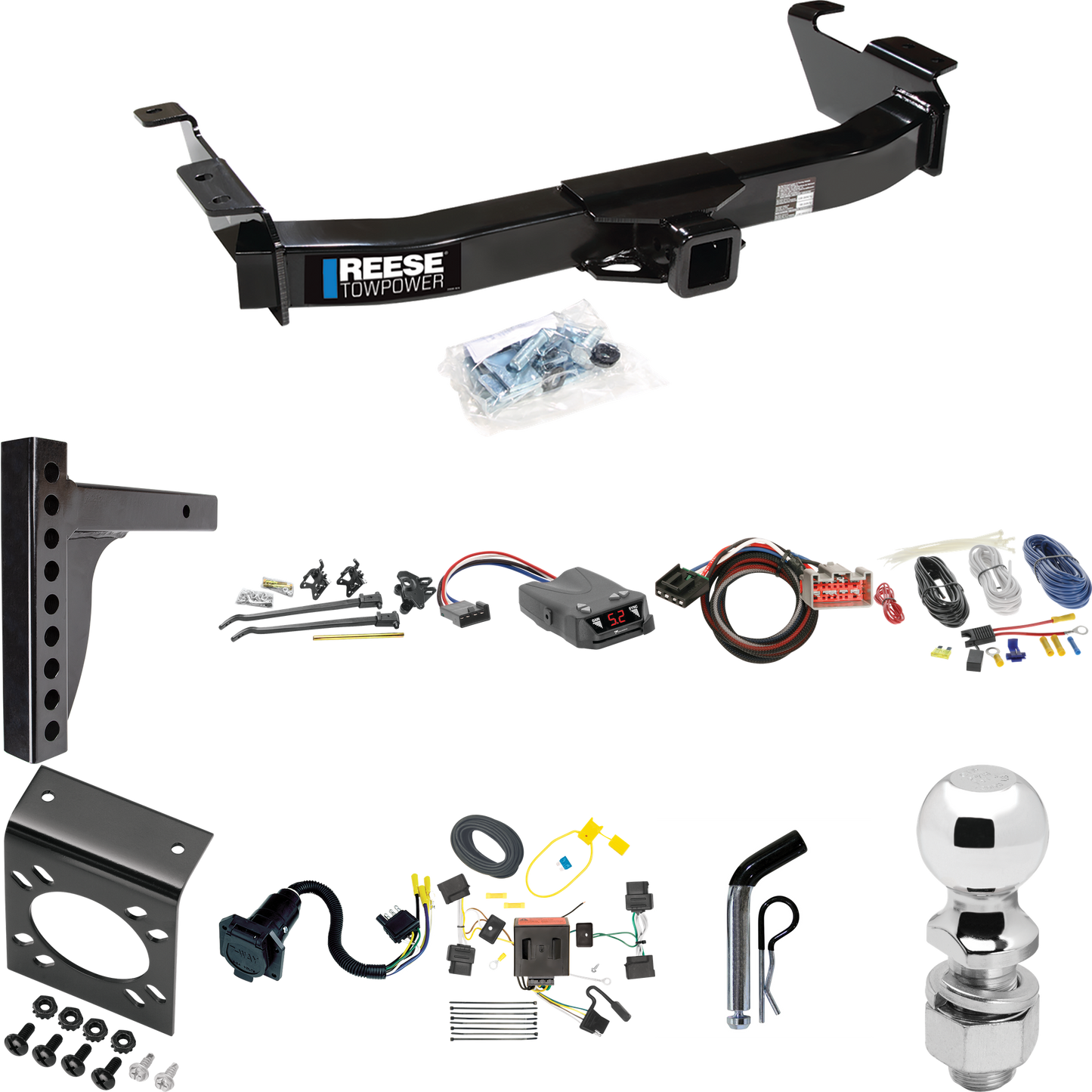 Fits 2009-2014 Ford E-250 Econoline Trailer Hitch Tow PKG w/ 12K Trunnion Bar Weight Distribution Hitch + Pin/Clip + 2-5/16" Ball + Tekonsha Brakeman IV Brake Control + Plug & Play BC Adapter + 7-Way RV Wiring By Reese Towpower