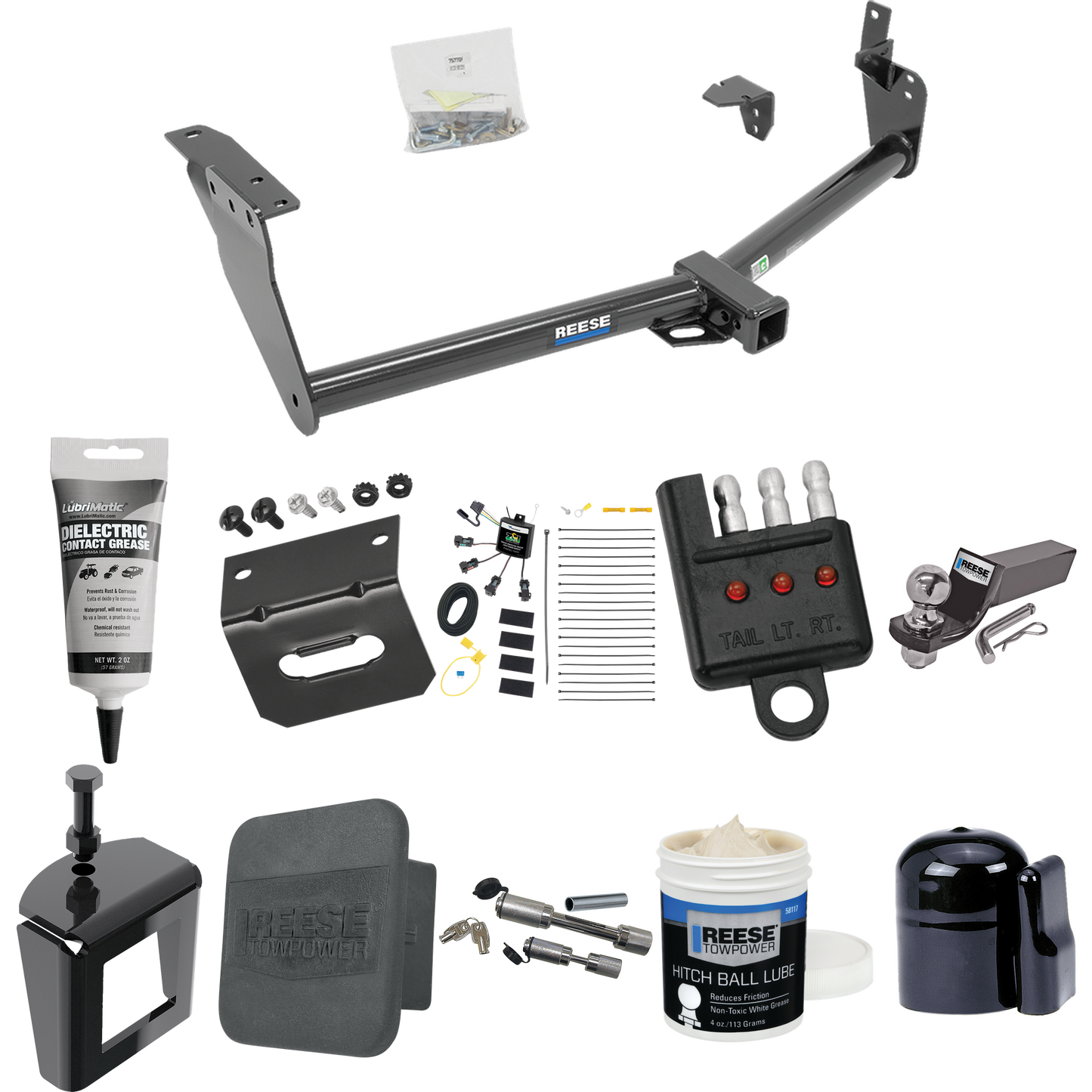 Fits 2014-2017 Infiniti QX70 Trailer Hitch Tow PKG w/ 4-Flat Zero Contact "No Splice" Wiring + Starter Kit Ball Mount w/ 2" Drop & 2" Ball + 1-7/8" Ball + Wiring Bracket + Dual Hitch & Coupler Locks + Hitch Cover + Wiring Tester + Ball Lube + Electri