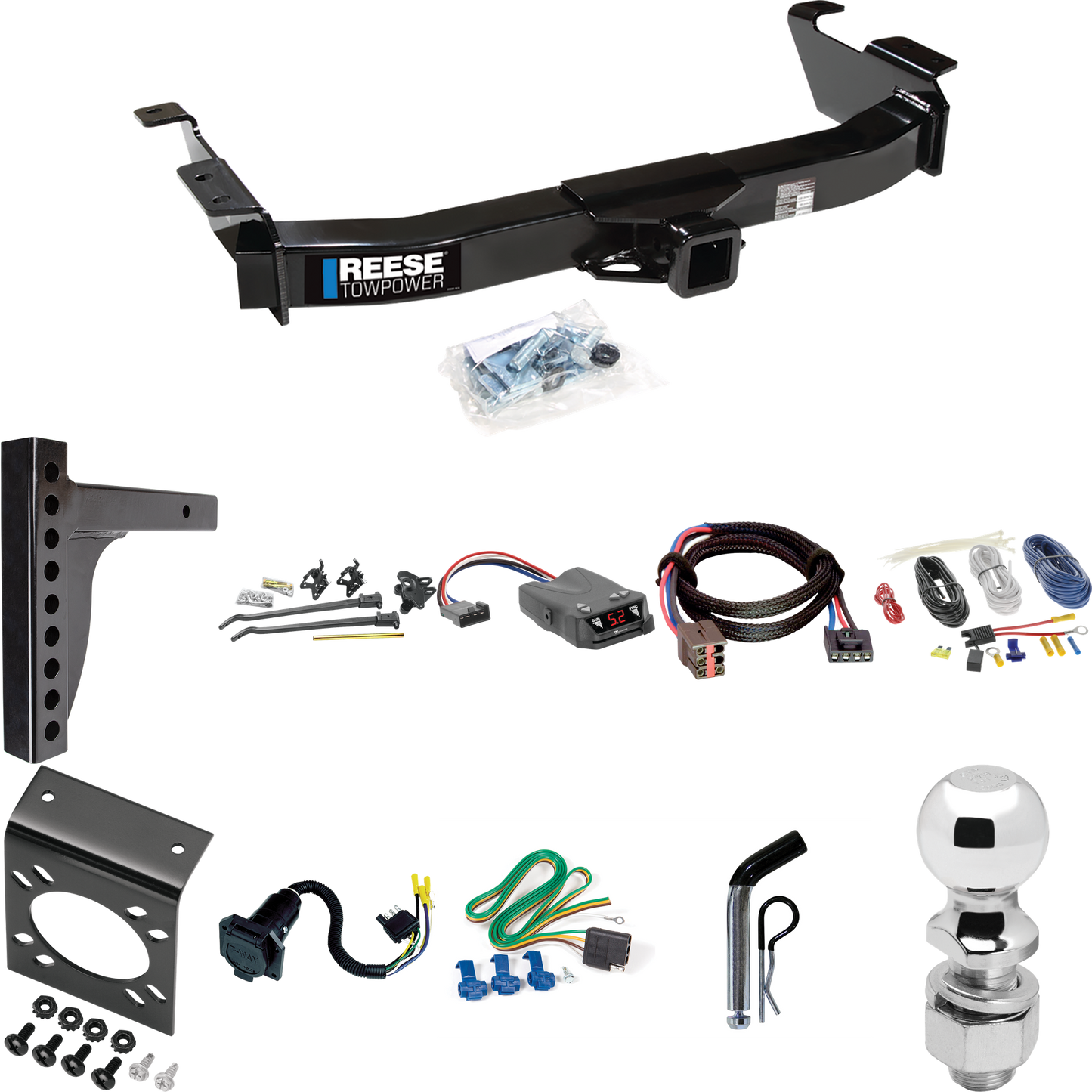 Fits 2003-2007 Ford E-250 Econoline Trailer Hitch Tow PKG w/ 12K Trunnion Bar Weight Distribution Hitch + Pin/Clip + 2-5/16" Ball + Tekonsha Brakeman IV Brake Control + Plug & Play BC Adapter + 7-Way RV Wiring By Reese Towpower