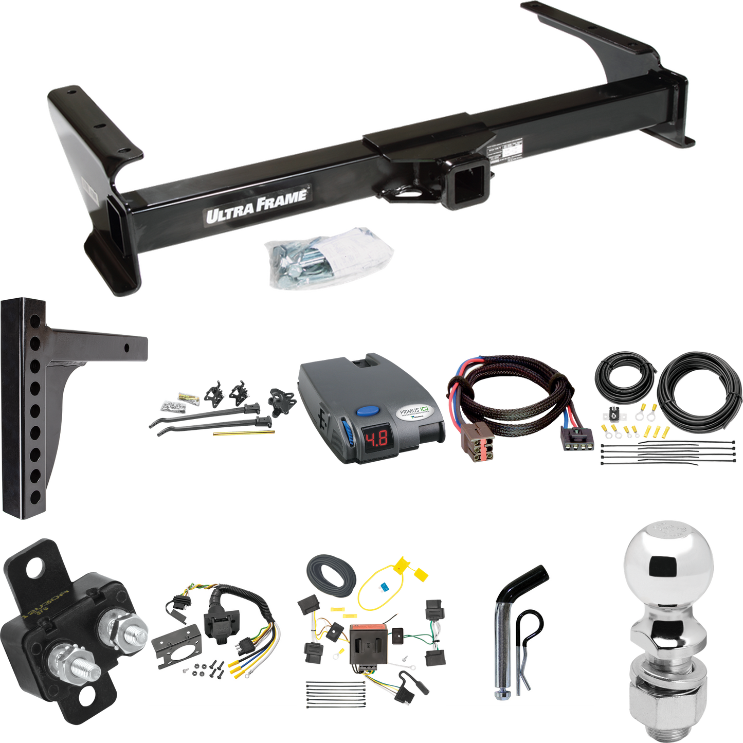 Fits 2008-2008 Ford E-350 Econoline Super Duty Trailer Hitch Tow PKG w/ 12K Trunnion Bar Weight Distribution Hitch + Pin/Clip + 2-5/16" Ball + Tekonsha Primus IQ Brake Control + Plug & Play BC Adapter + 7-Way RV Wiring By Draw-Tite