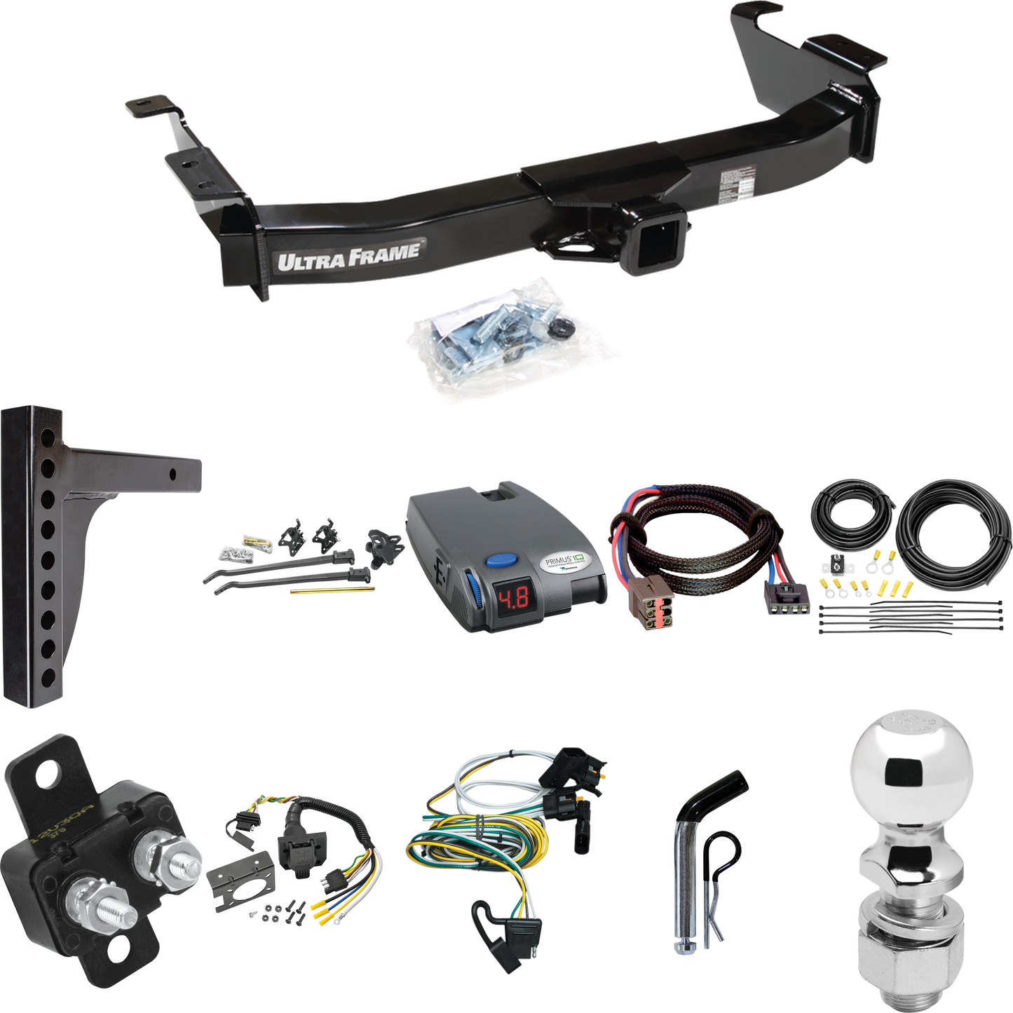 Fits 2000-2002 Ford E-150 Econoline Trailer Hitch Tow PKG w/ 12K Trunnion Bar Weight Distribution Hitch + Pin/Clip + 2-5/16" Ball + Tekonsha Primus IQ Brake Control + Plug & Play BC Adapter + 7-Way RV Wiring By Draw-Tite