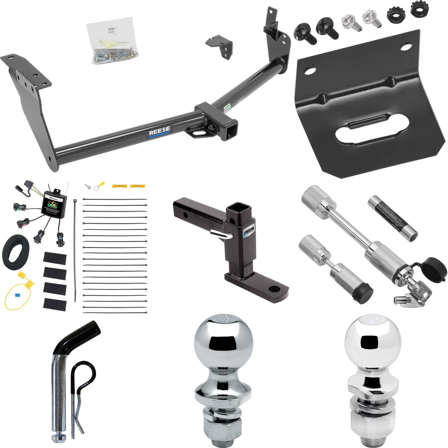 Fits 2014-2017 Infiniti QX70 Trailer Hitch Tow PKG w/ 4-Flat Zero Contact "No Splice" Wiring Harness + Adjustable Drop Rise Ball Mount + Pin/Clip + 2" Ball + 1-7/8" Ball + Dual Hitch & Coupler Locks By Reese Towpower