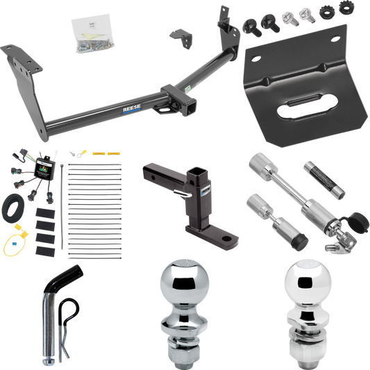 Fits 2014-2017 Infiniti QX70 Trailer Hitch Tow PKG w/ 4-Flat Zero Contact "No Splice" Wiring Harness + Adjustable Drop Rise Ball Mount + Pin/Clip + 2" Ball + 1-7/8" Ball + Dual Hitch & Coupler Locks By Reese Towpower