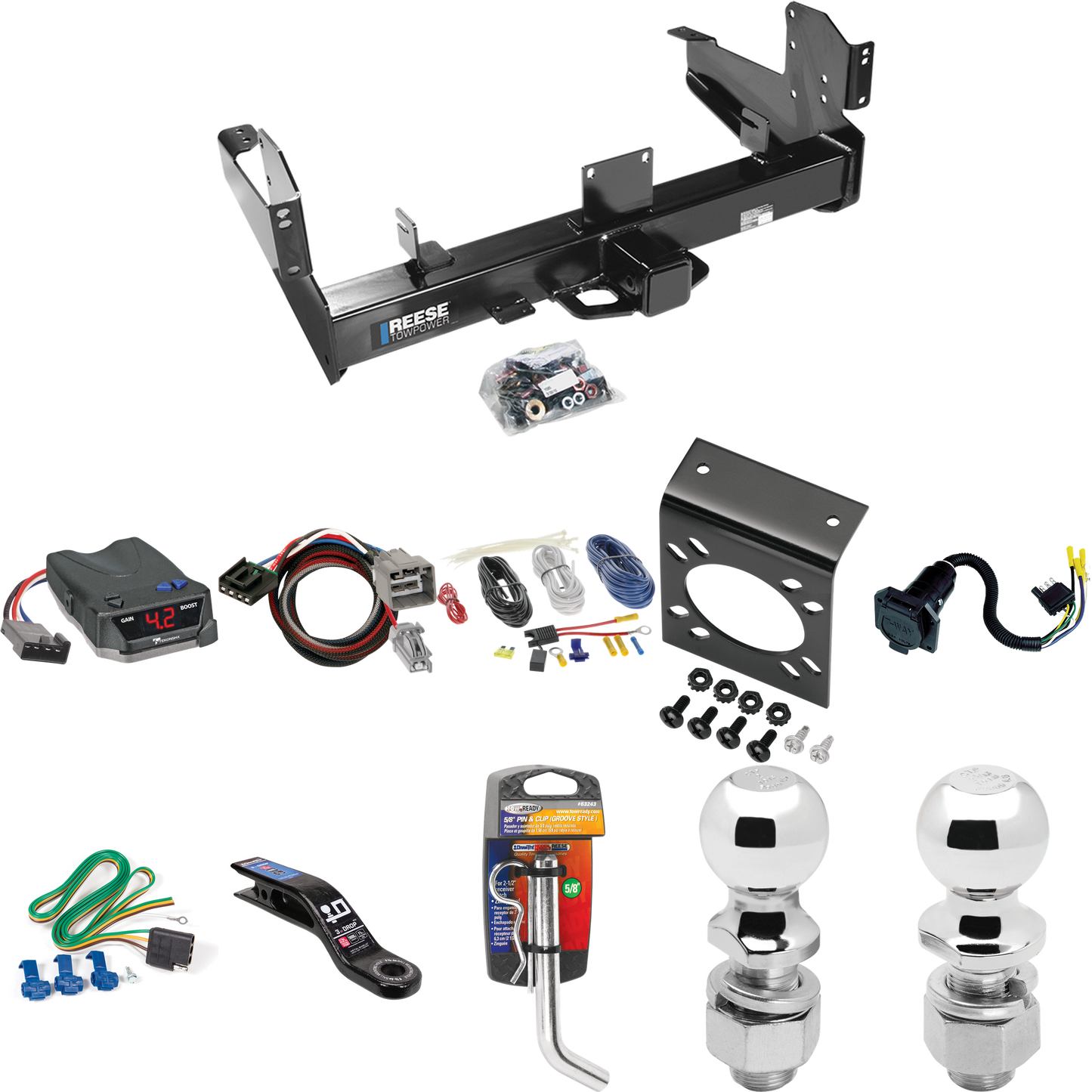 Fits 2013-2014 RAM 3500 Trailer Hitch Tow PKG w/ Tekonsha BRAKE-EVN Brake Control + Plug & Play BC Adapter + 7-Way RV Wiring + 2" & 2-5/16" Ball & Drop Mount By Reese Towpower