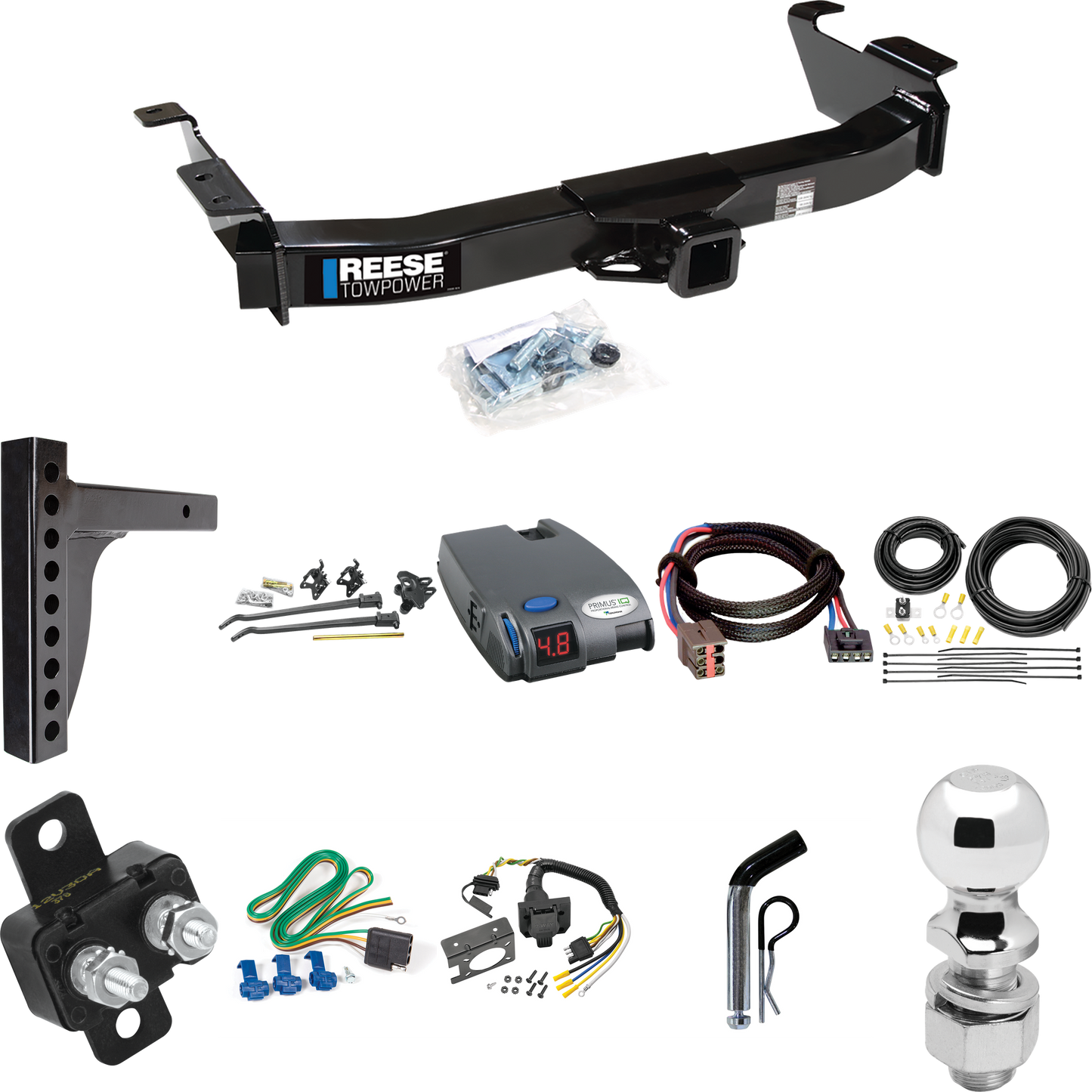 Fits 2003-2007 Ford E-250 Econoline Trailer Hitch Tow PKG w/ 12K Trunnion Bar Weight Distribution Hitch + Pin/Clip + 2-5/16" Ball + Tekonsha Primus IQ Brake Control + Plug & Play BC Adapter + 7-Way RV Wiring By Reese Towpower