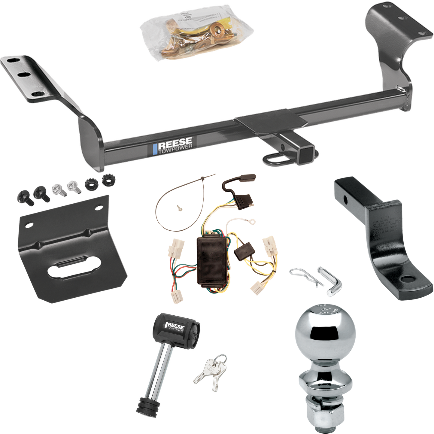 Fits 2003-2008 Toyota Matrix Trailer Hitch Tow PKG w/ 4-Flat Wiring Harness + Draw-Bar + 2" Ball + Wiring Bracket + Hitch Lock By Reese Towpower